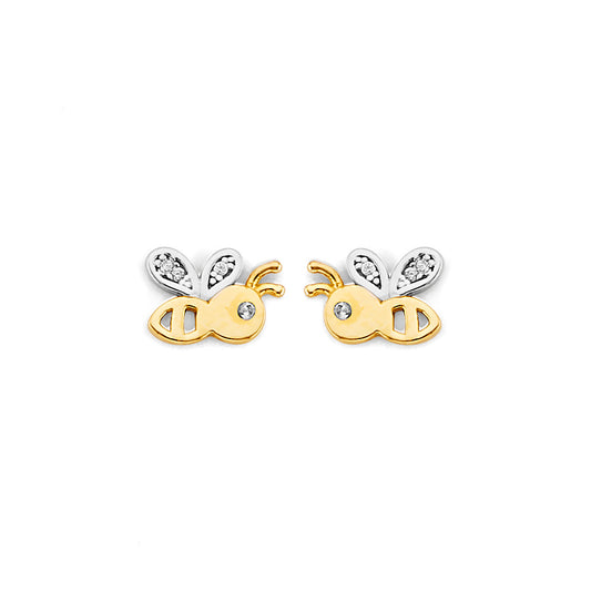 14K Gold Bee Stud Earrings with CZ Accents – Cute Gold Insect Earrings