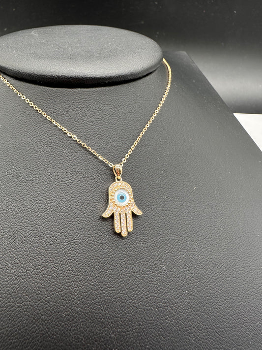 14K Gold Evil Eye CZ Hamsa Necklace
