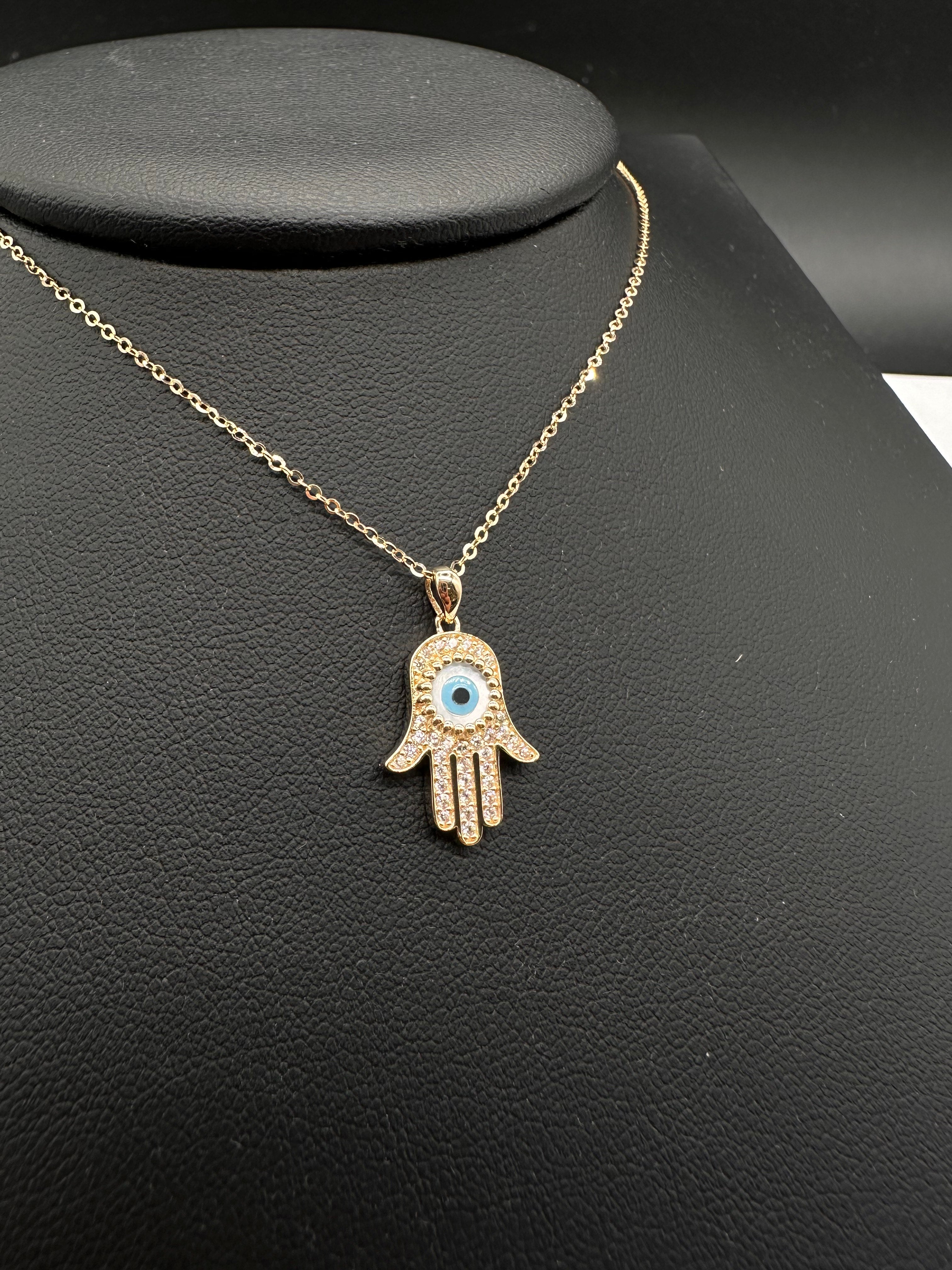 14K Gold Evil Eye CZ Hamsa Necklace