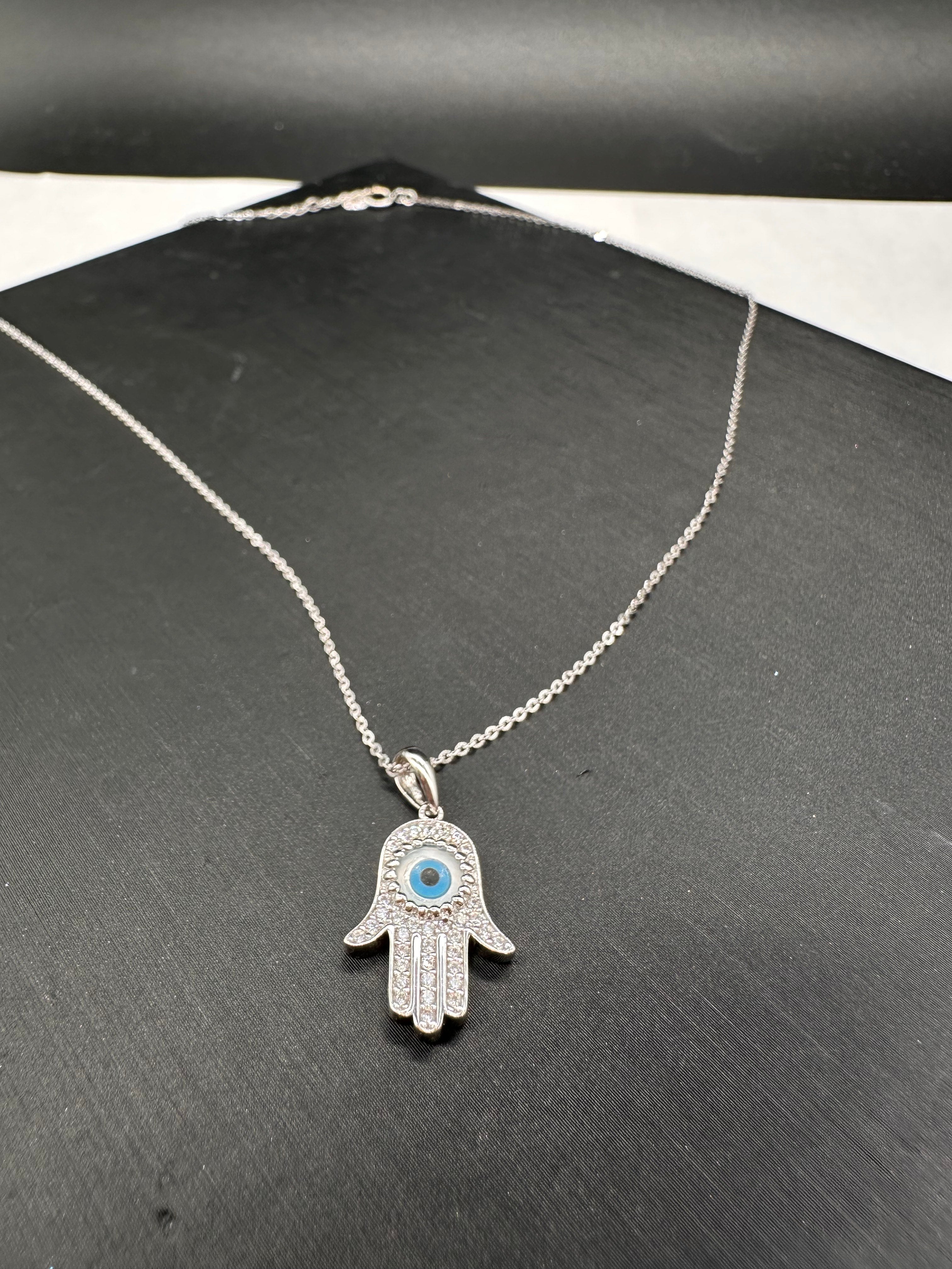 14K White Gold Evil Eye CZ Hamsa Necklace
