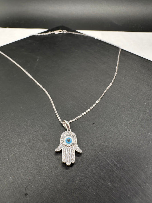 14K White Gold Evil Eye CZ Hamsa Necklace