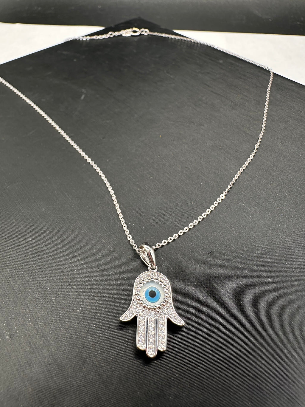 14K White Gold Evil Eye CZ Hamsa Necklace