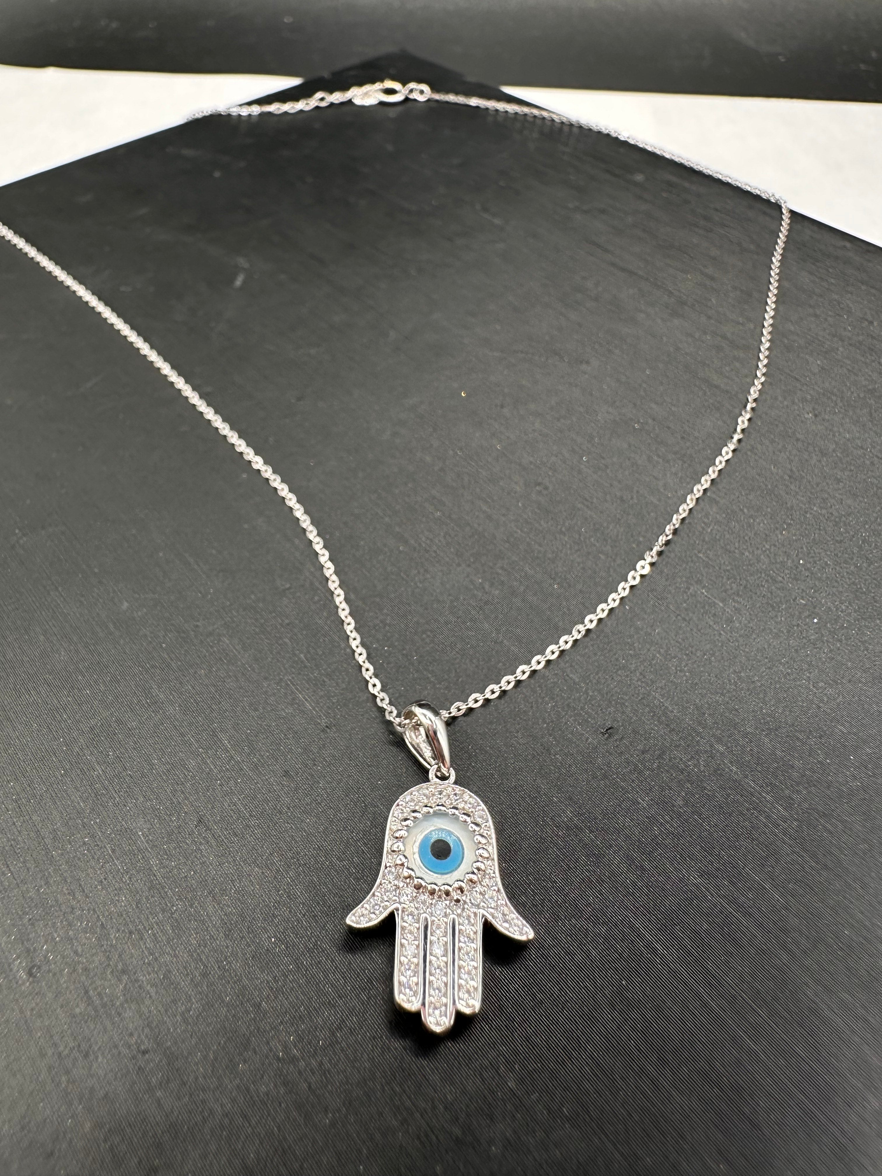 14K White Gold Evil Eye CZ Hamsa Necklace