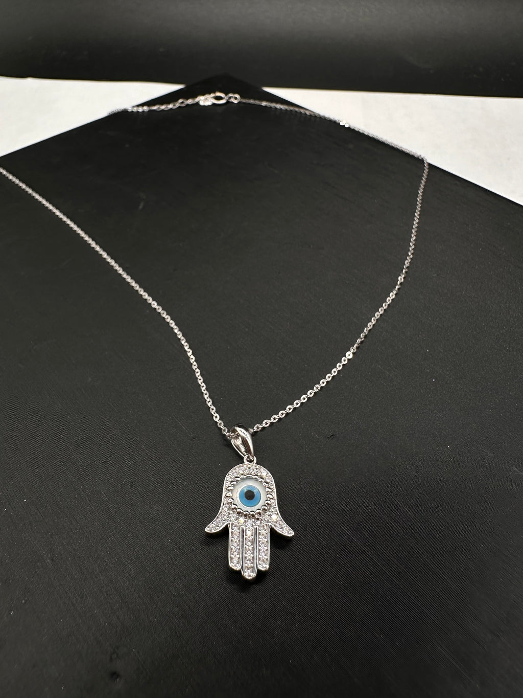14K White Gold Evil Eye CZ Hamsa Necklace