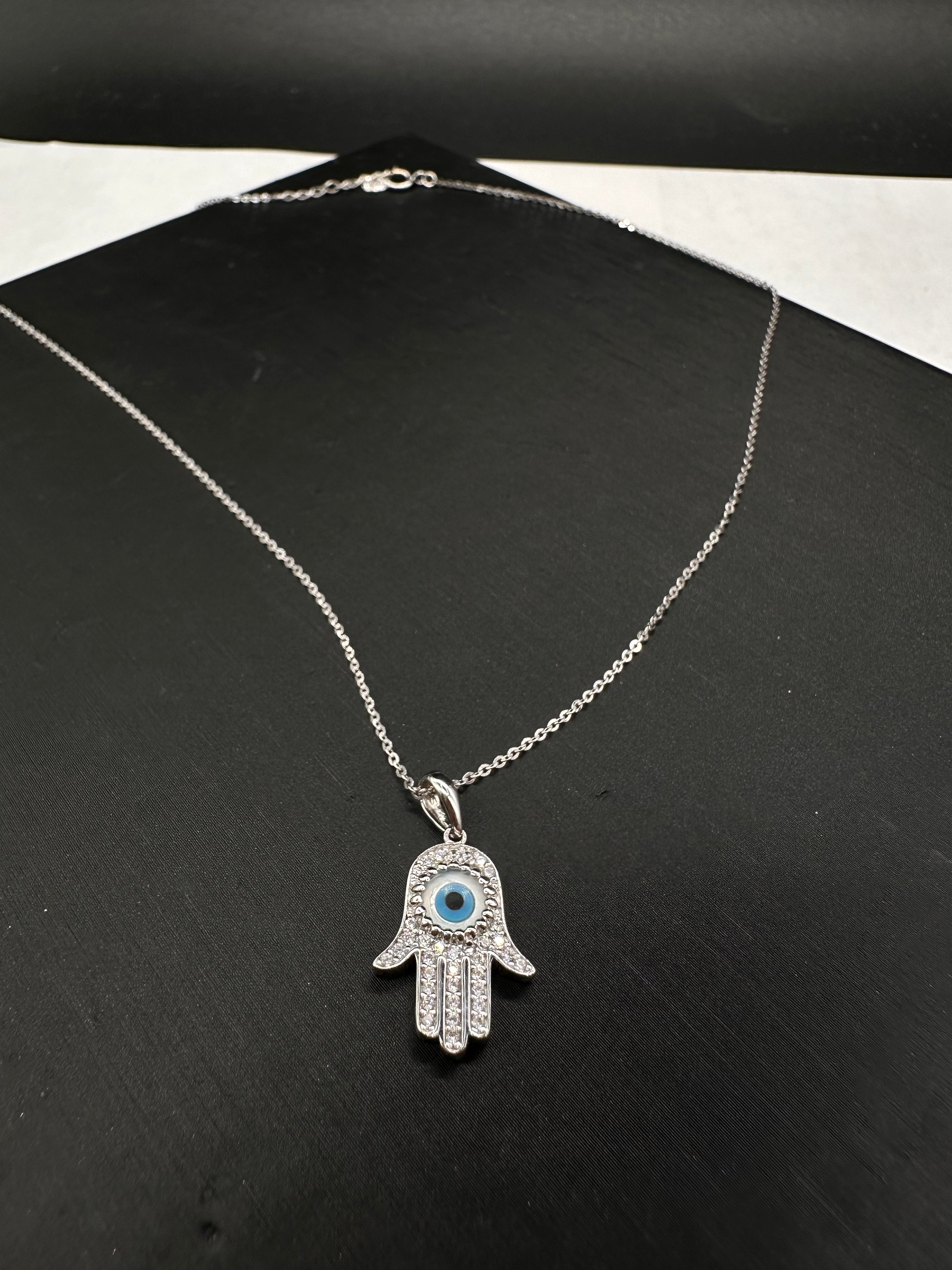14K White Gold Evil Eye CZ Hamsa Necklace