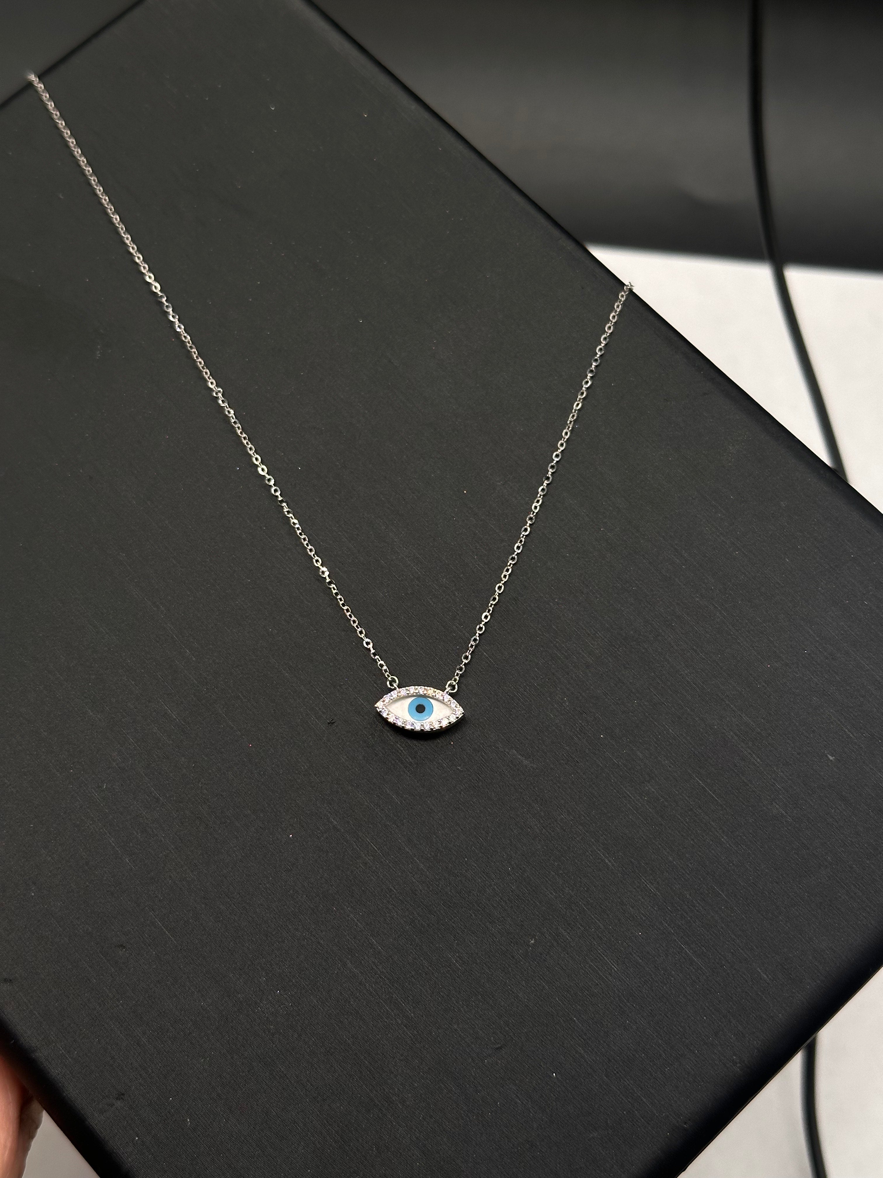 14K White Gold Evil Eye CZ Necklace