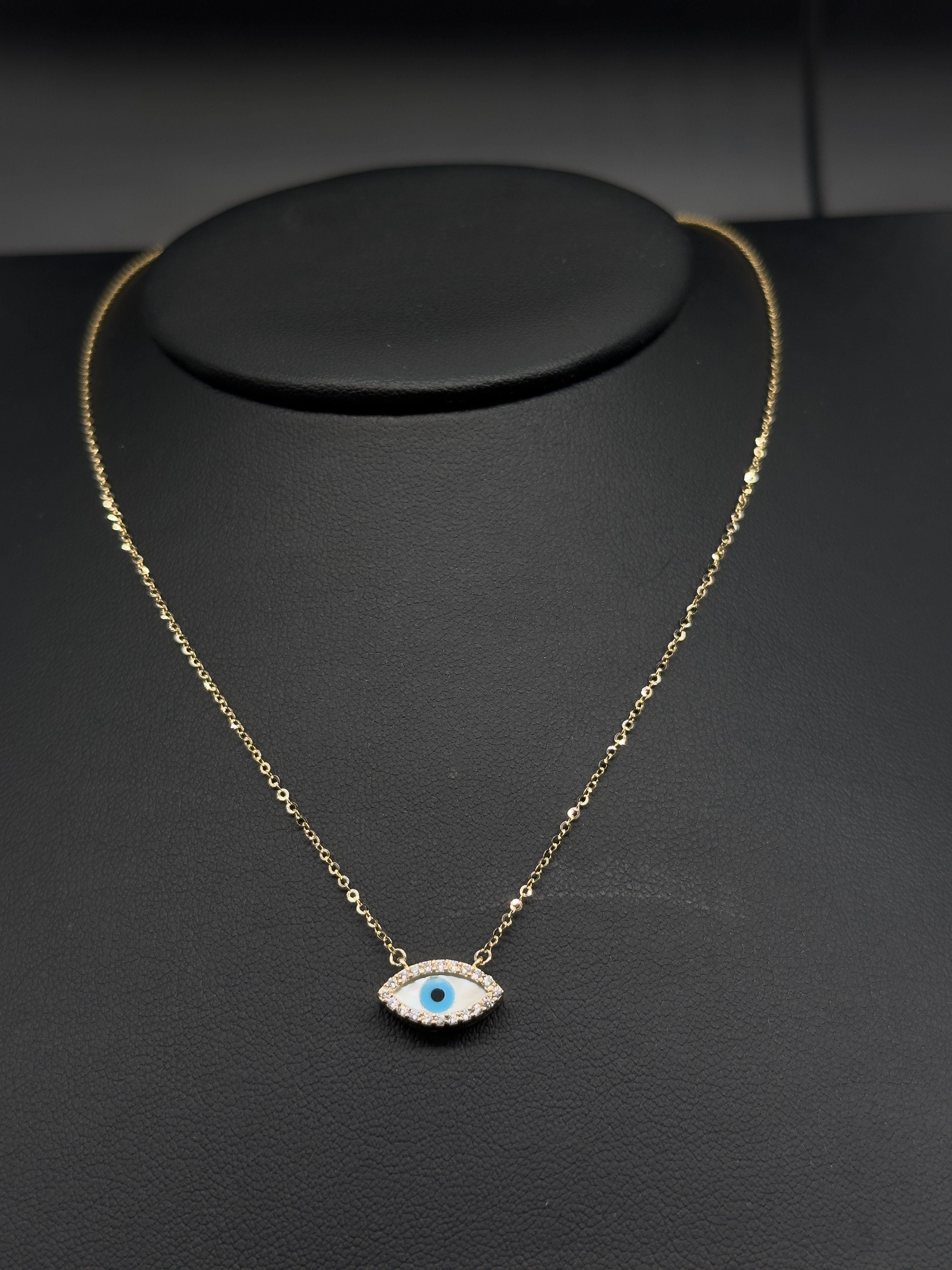 14K Gold Evil Eye Necklace with CZ Stones – Protective Pendant