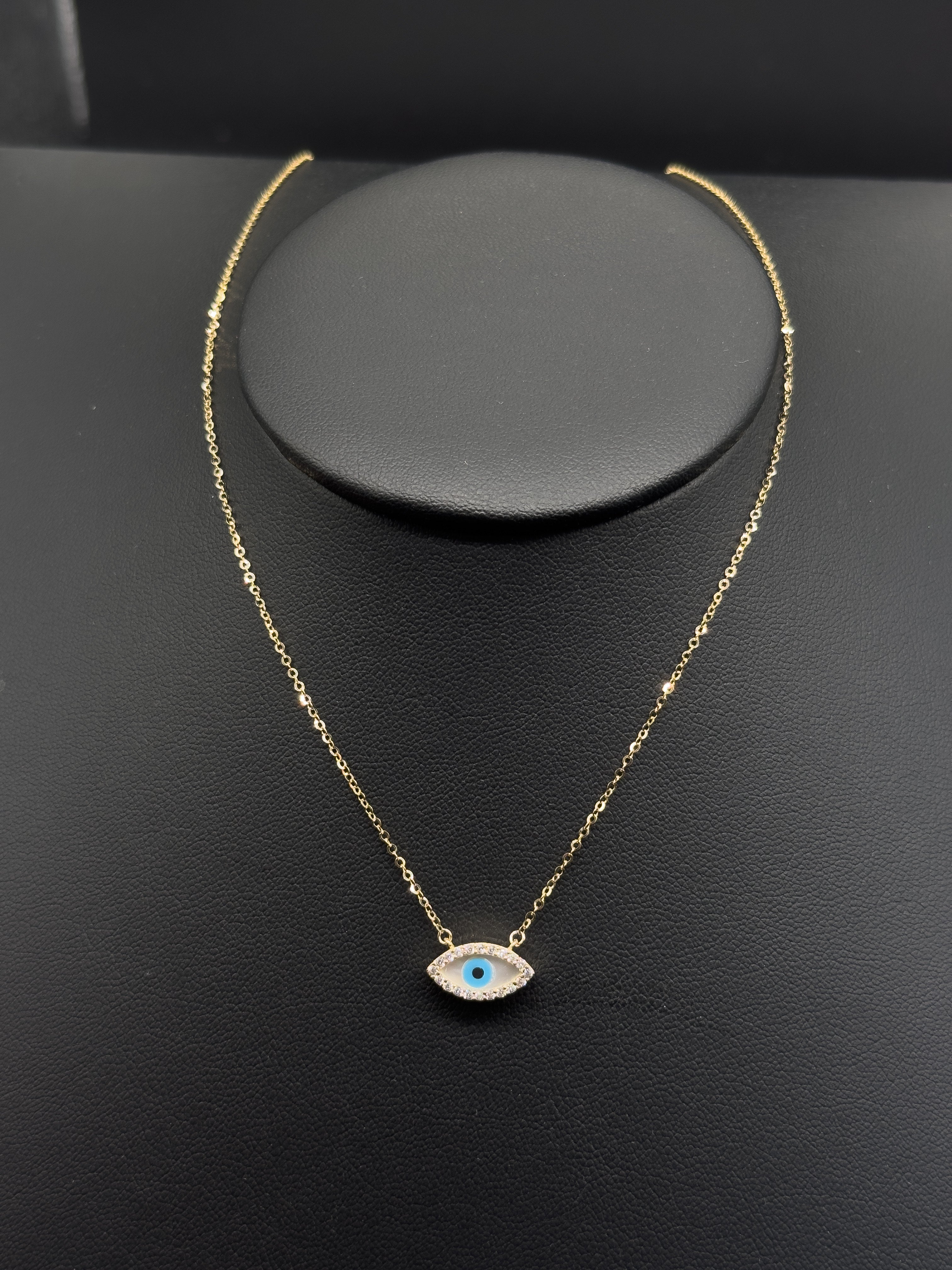 14K Gold Evil Eye Necklace with CZ Stones – Protective Pendant