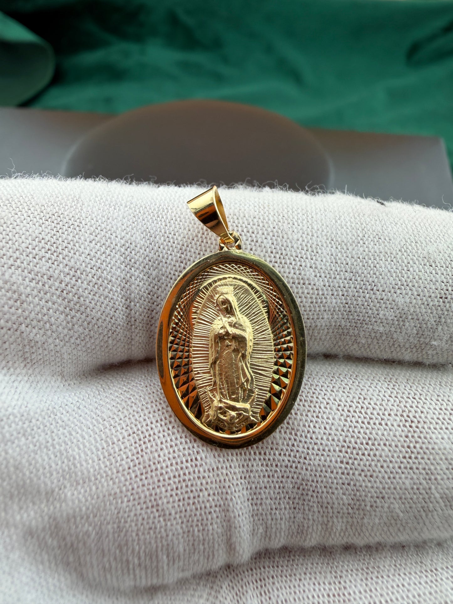Round Gold Medallion Virgin Mary Embellished Pendant