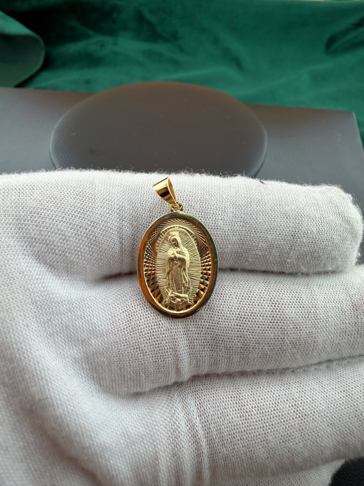 Round Gold Medallion Virgin Mary Embellished Pendant