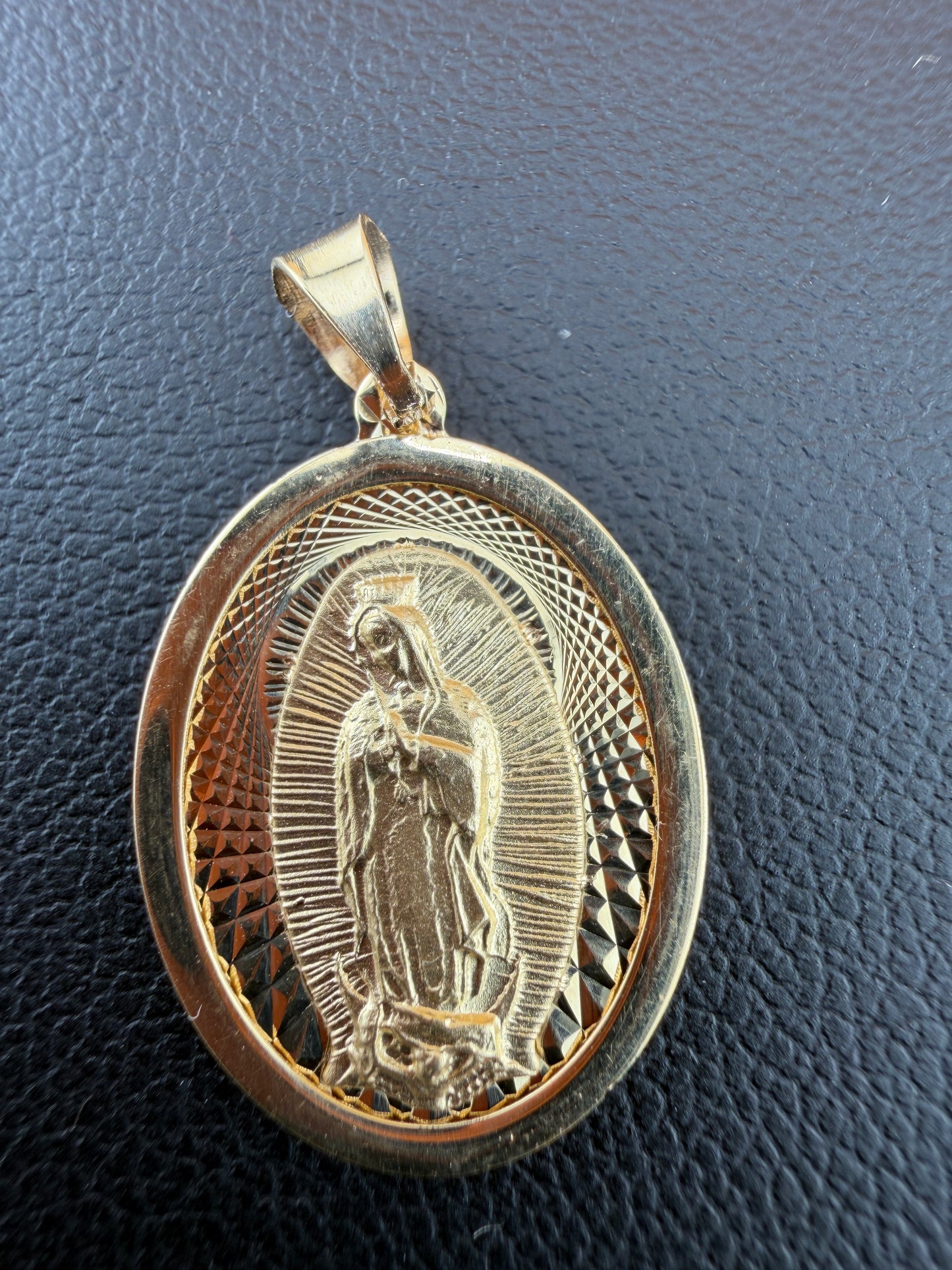 Round Gold Medallion Virgin Mary Embellished Pendant