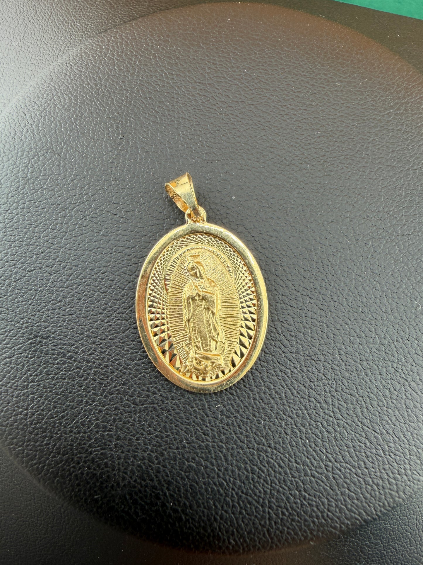 Round Gold Medallion Virgin Mary Embellished Pendant