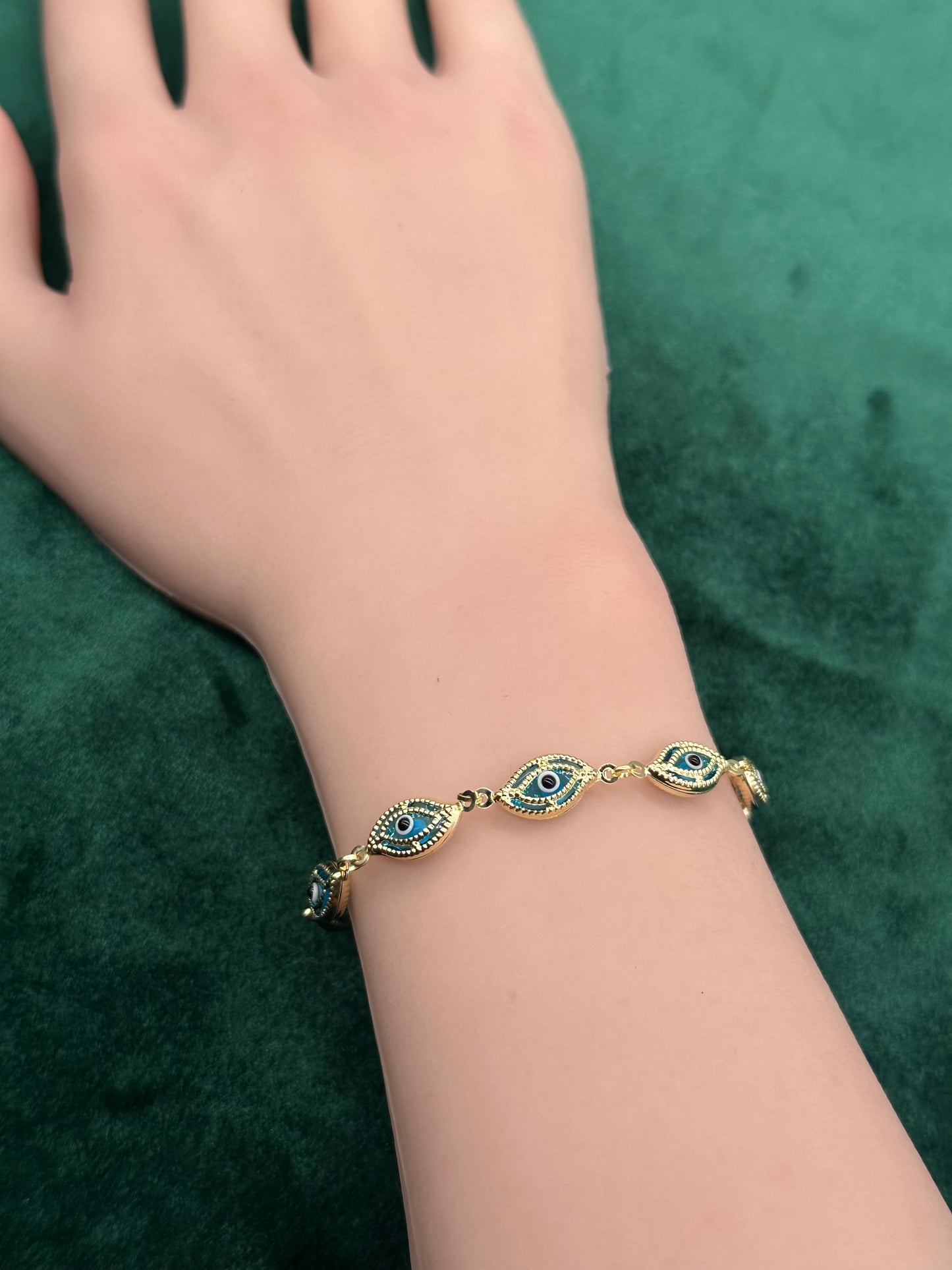 14K Gold Evil Eye Bracelet – 7.5" Blue, Red or Rainbow Color Enamel Protection Charm