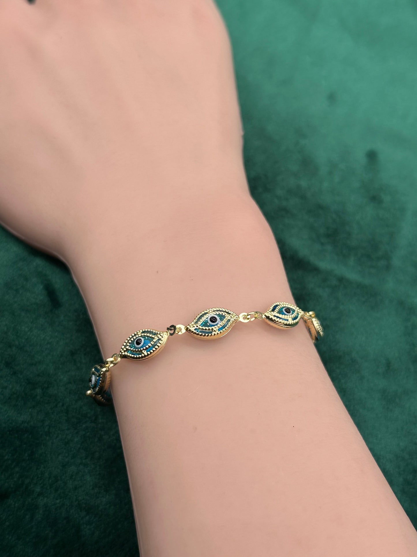 14K Gold Evil Eye Bracelet – 7.5" Blue, Red or Rainbow Color Enamel Protection Charm