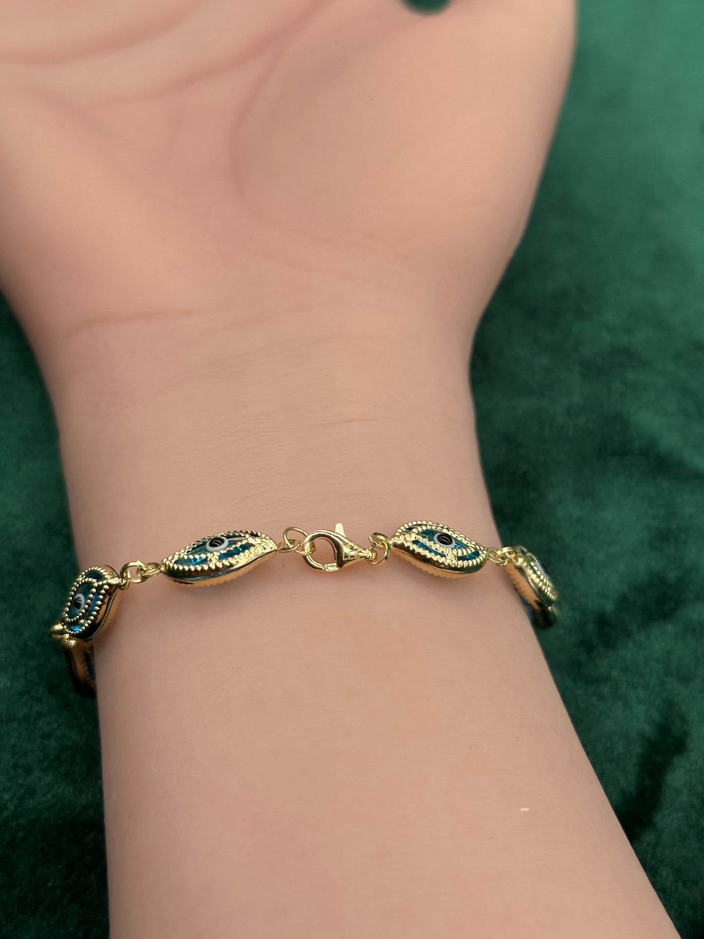 14K Gold Evil Eye Bracelet – 7.5" Blue, Red or Rainbow Color Enamel Protection Charm