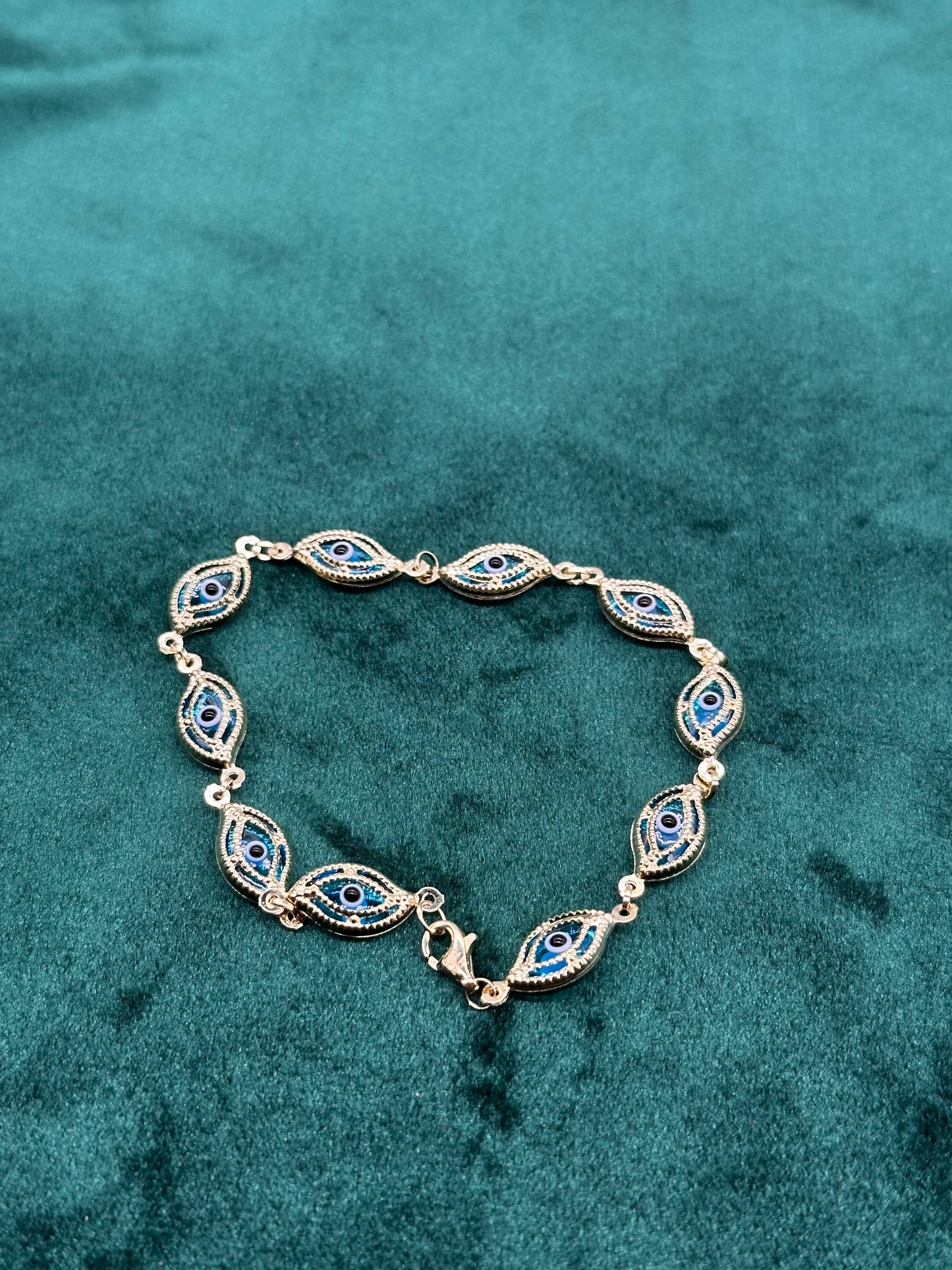 14K Gold Evil Eye Bracelet – 7.5" Blue, Red or Rainbow Color Enamel Protection Charm