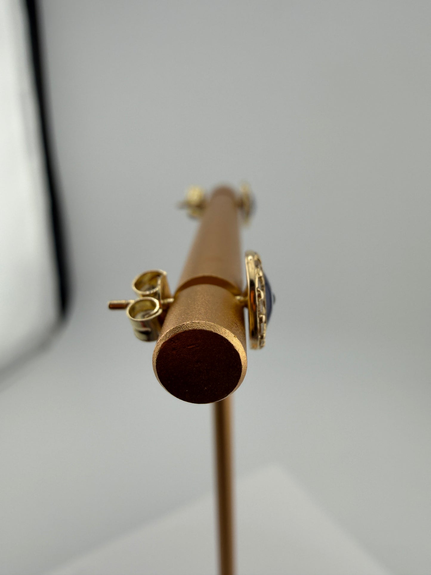 14K Yellow Gold CZ Lucky Eye Stud Earrings Push Back 7mm •