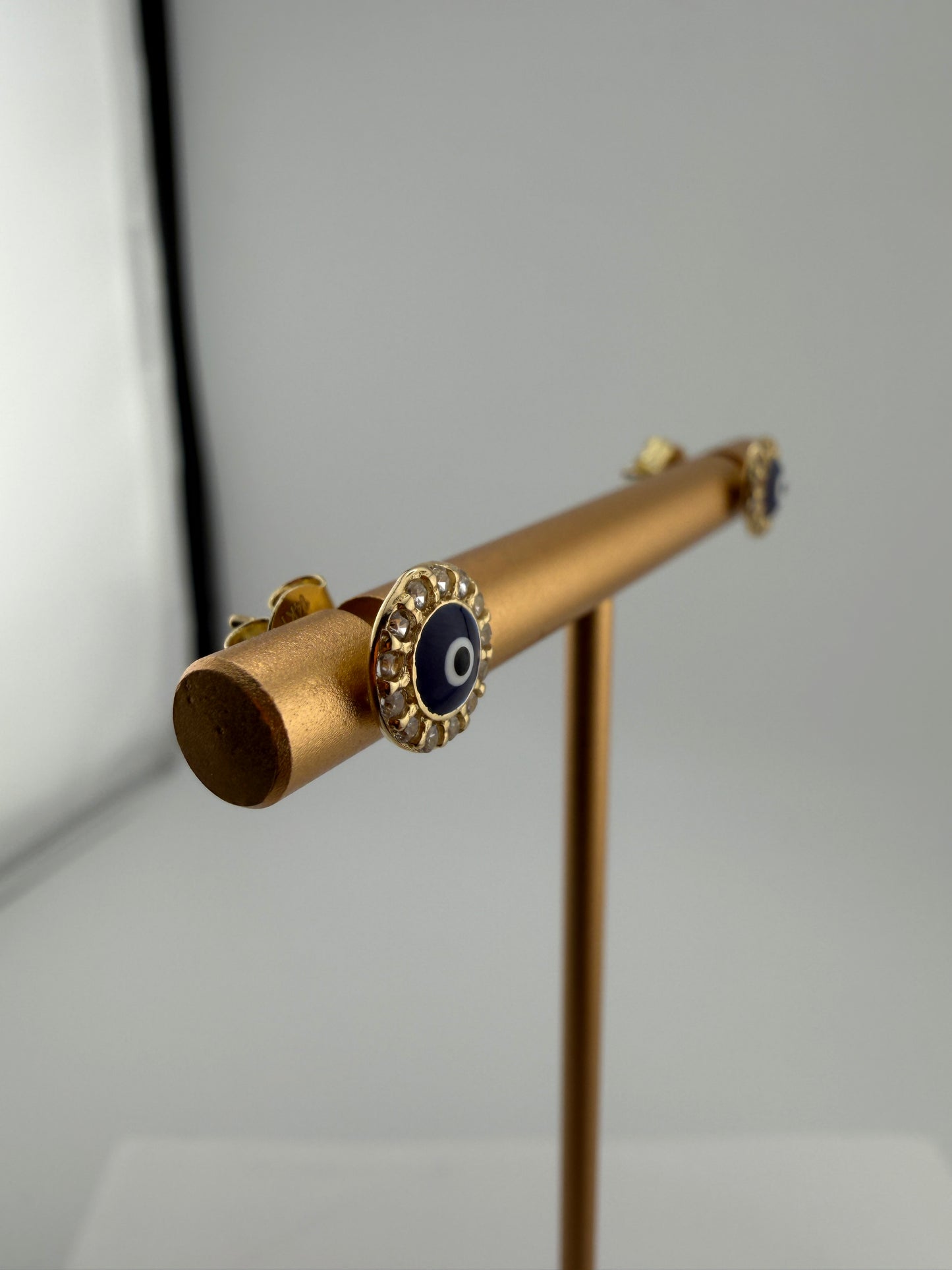 14K Yellow Gold CZ Lucky Eye Stud Earrings Push Back 7mm •