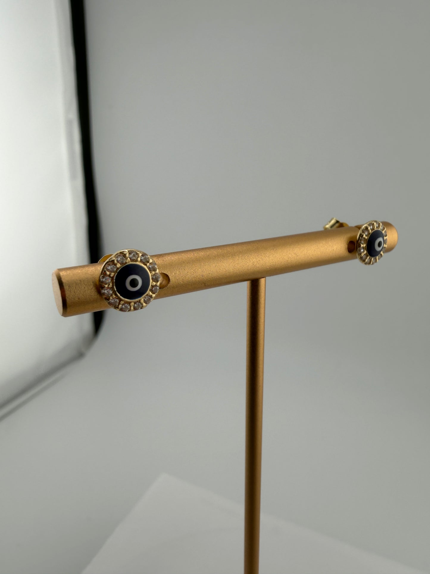 14K Yellow Gold CZ Lucky Eye Stud Earrings Push Back 7mm •