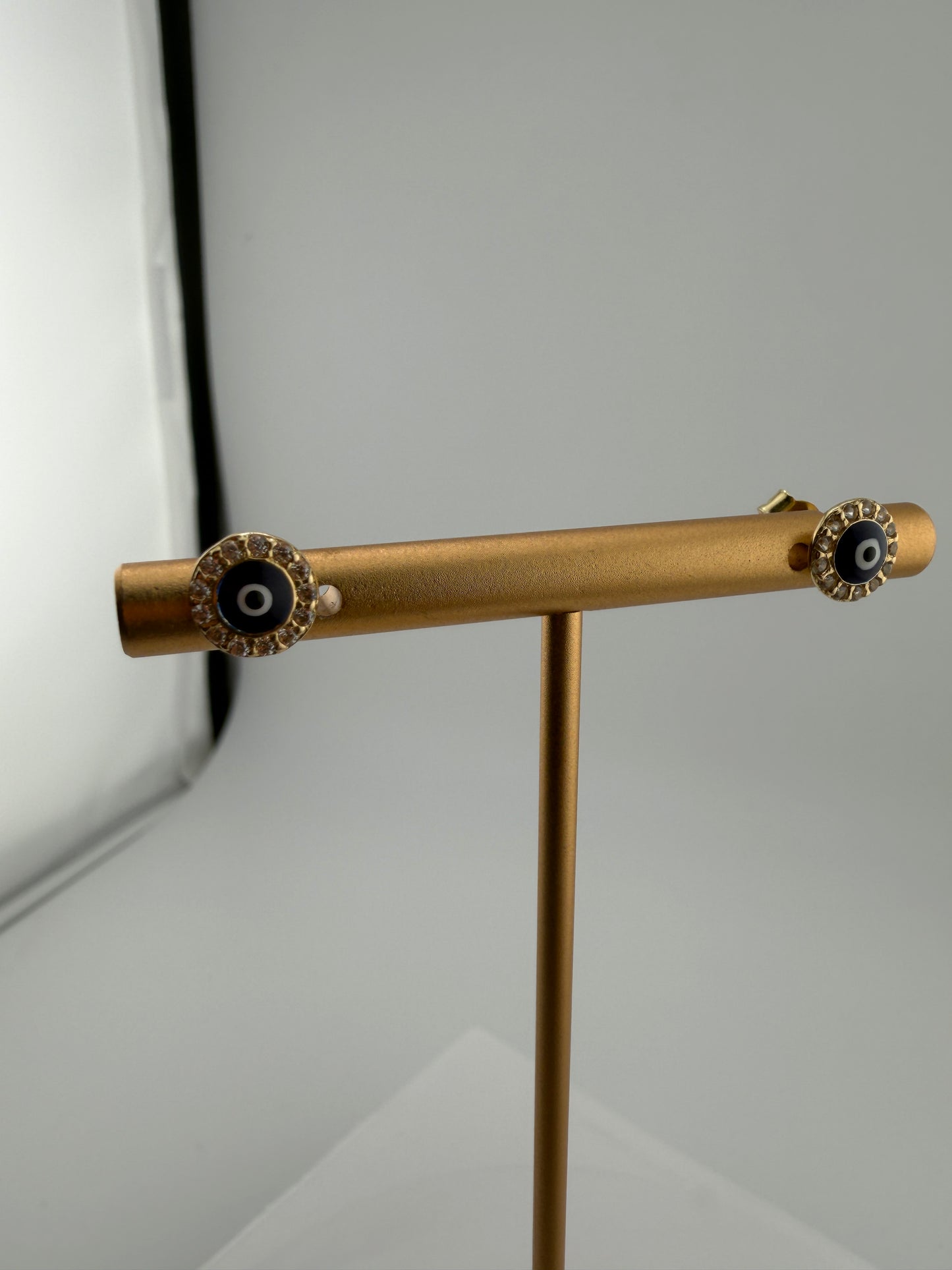 14K Yellow Gold CZ Lucky Eye Stud Earrings Push Back 7mm •