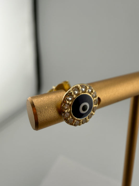 14K Yellow Gold CZ Lucky Eye Stud Earrings Push Back 7mm •