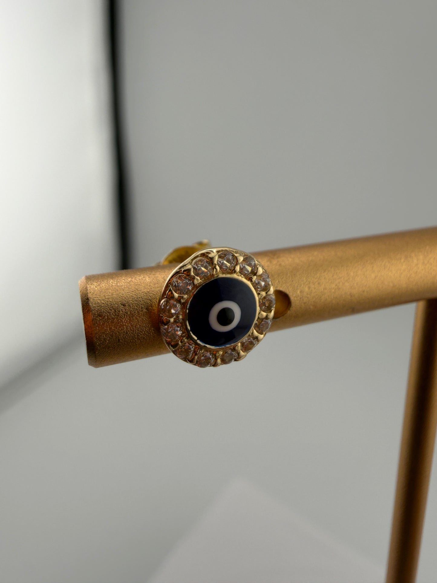 14K Yellow Gold CZ Lucky Eye Stud Earrings Push Back 7mm •