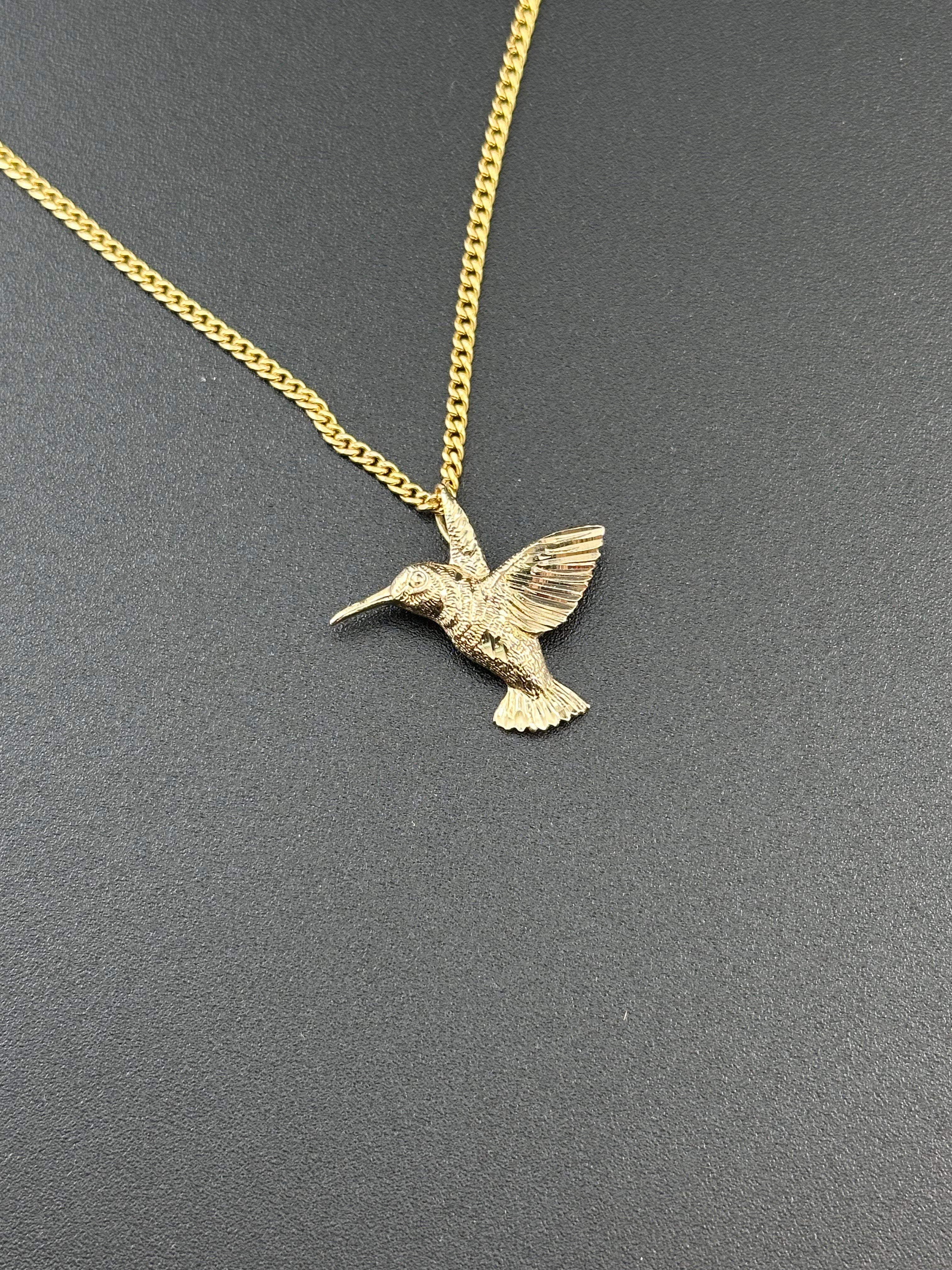 14K Gold Hummingbird Pendant | Flying Bird Charm