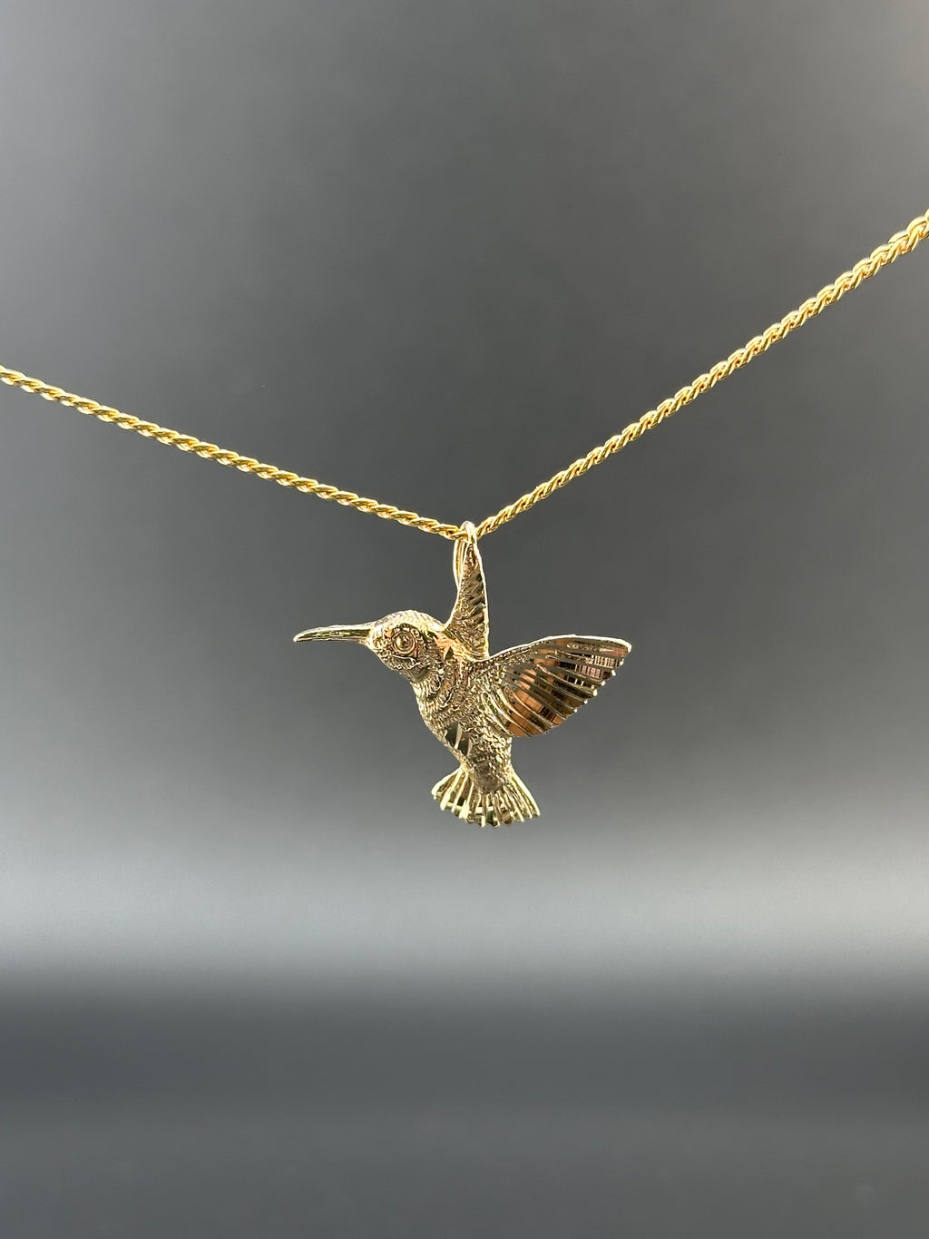 14K Gold Hummingbird Pendant | Flying Bird Charm