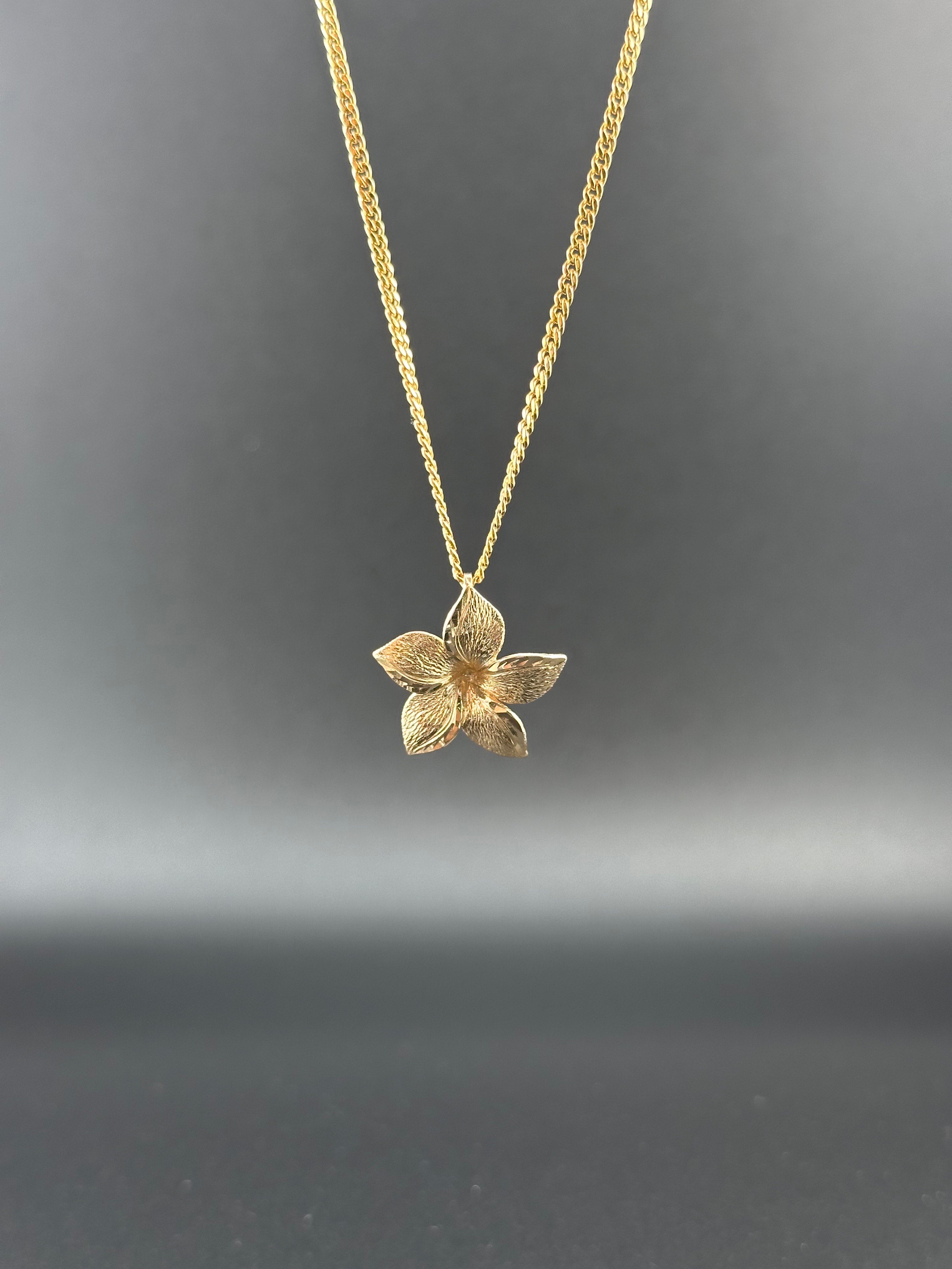 14K Solid Gold Flower Pendant – Textured Petal Floral Charm