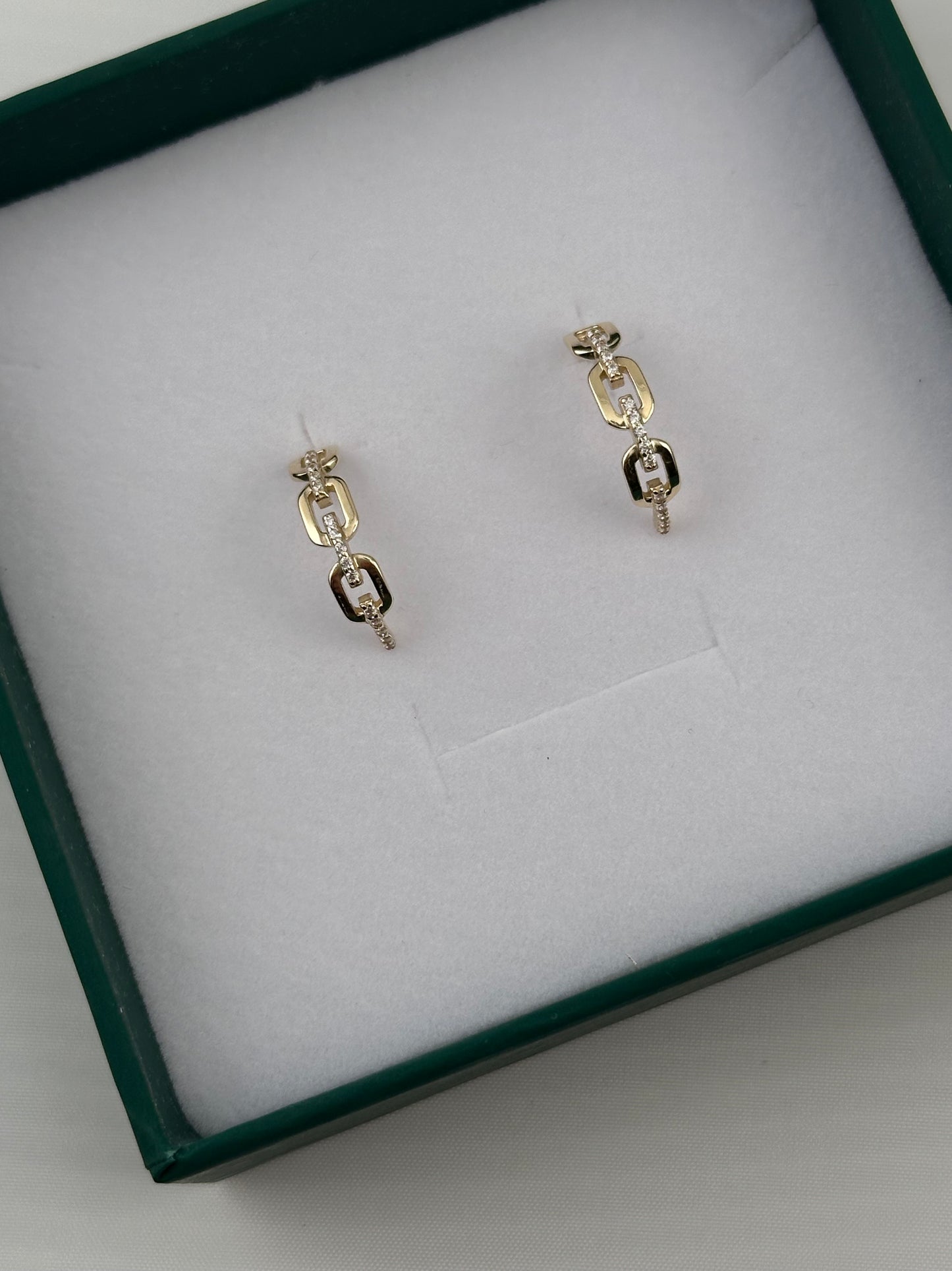 14K Gold CZ Link Earrings – Real Gold Chain Style Hoop Studs