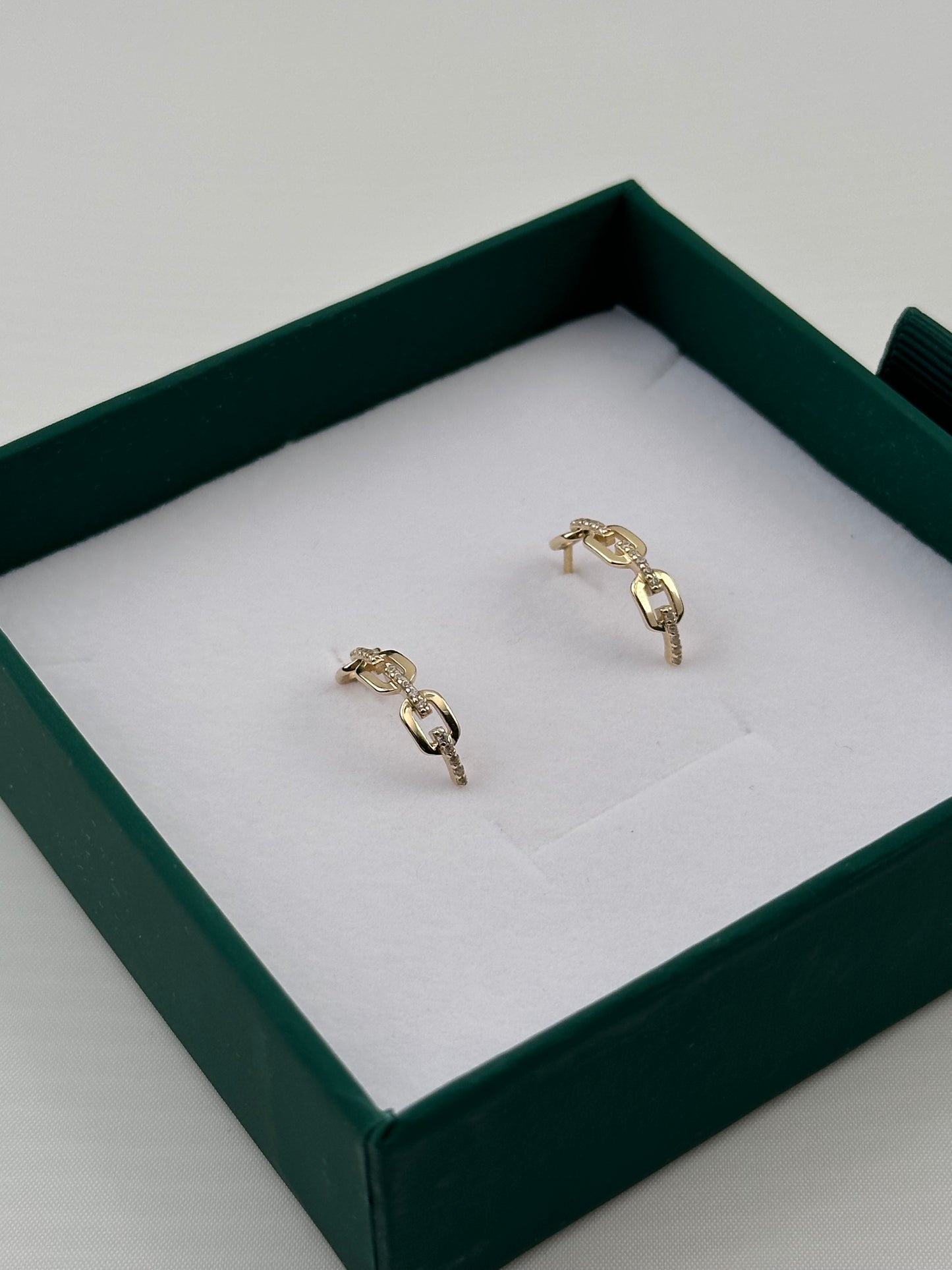 14K Gold CZ Link Earrings – Real Gold Chain Style Hoop Studs