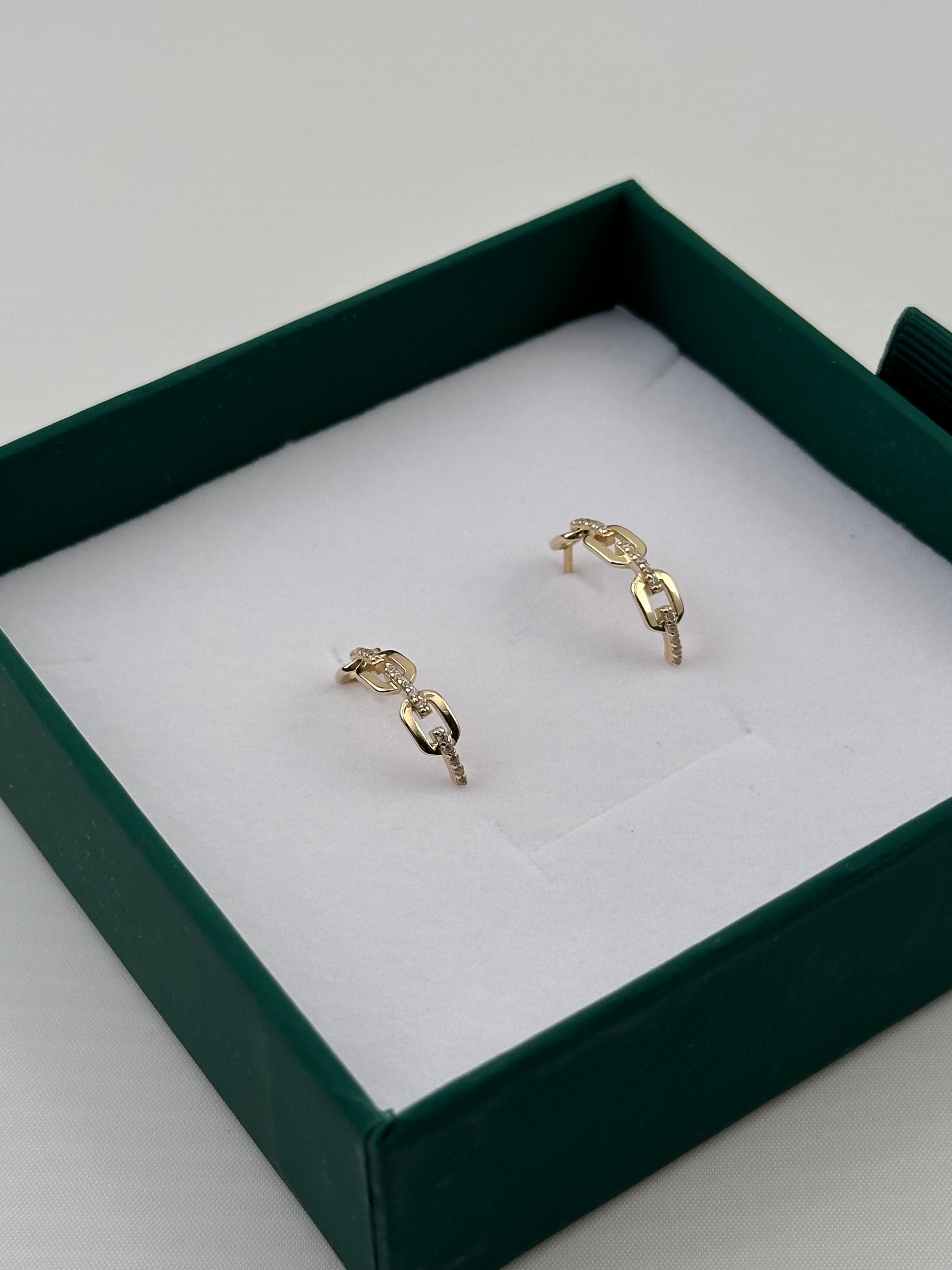 14K Gold CZ Link Earrings – Real Gold Chain Style Hoop Studs