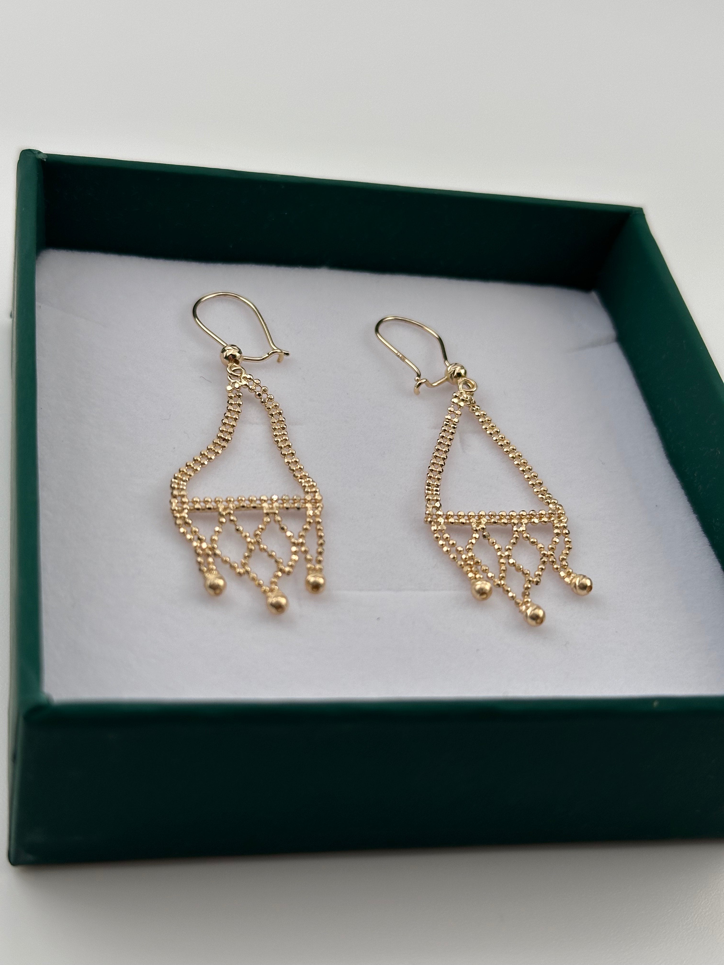 14K Gold Beaded Dangle Earrings – Real Gold Geometric Drop Earrings