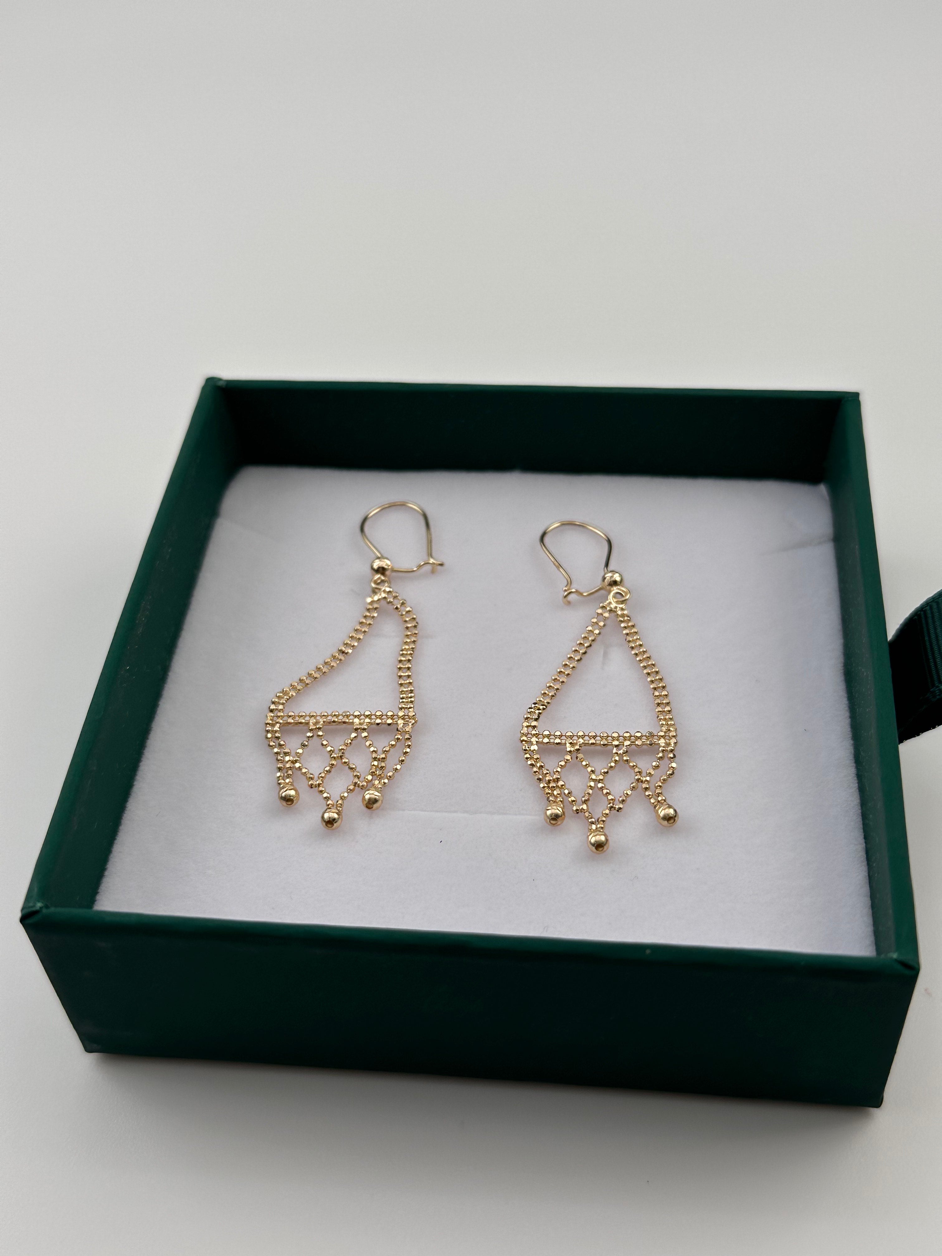14K Gold Beaded Dangle Earrings – Real Gold Geometric Drop Earrings