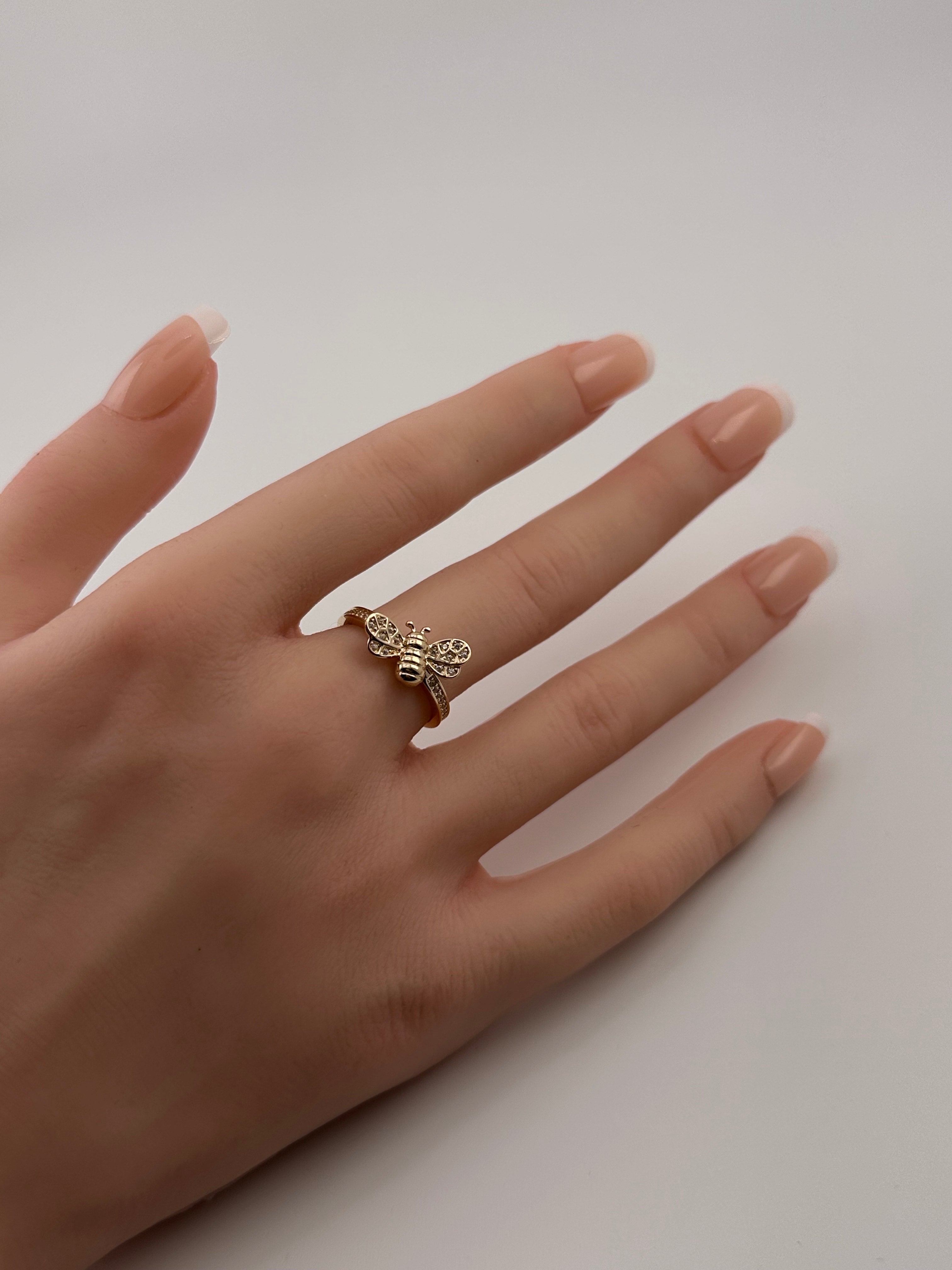 14K Gold CZ Bee Ring – Nature-Inspired Gold Ring | Size 7
