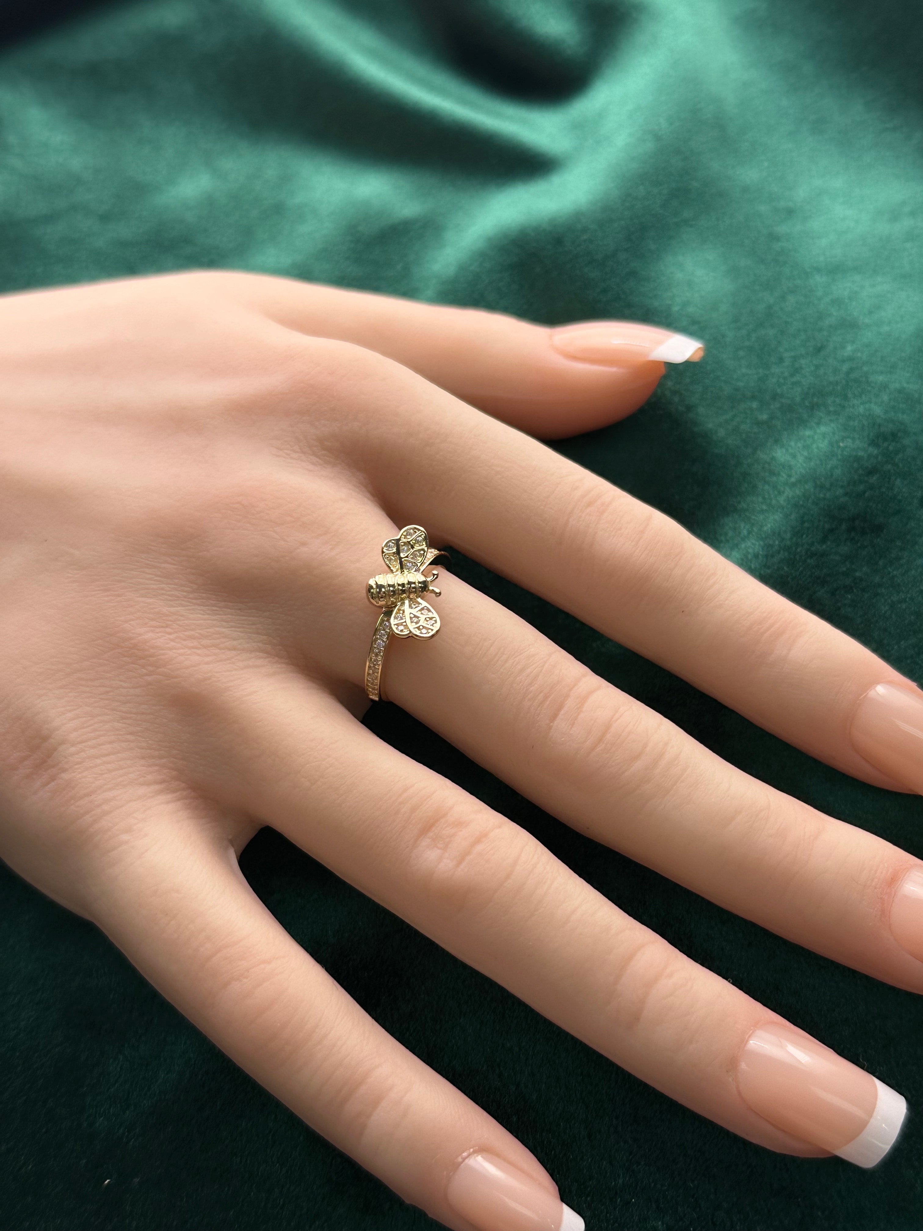 14K Gold CZ Bee Ring – Nature-Inspired Gold Ring | Size 7
