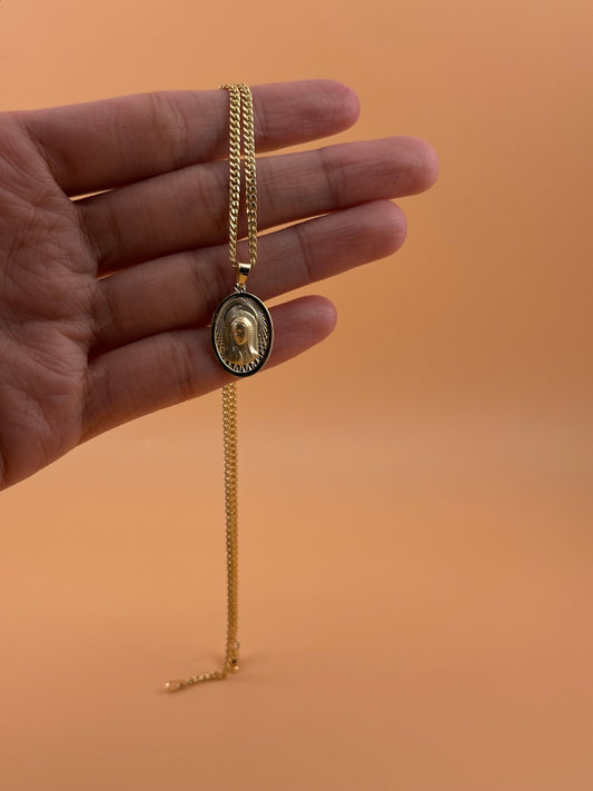 14K Gold Virgin Mary Pendant l Oval Religious Medal