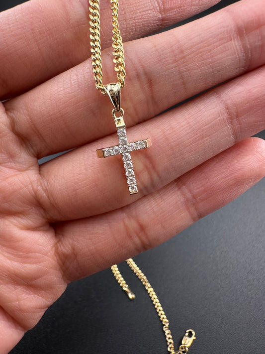 14K Two-Tone Gold CZ Cross Pendant