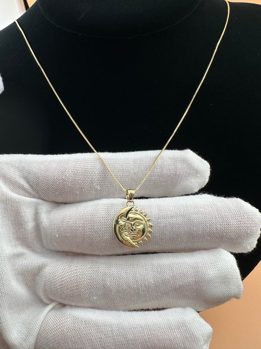 14K Gold Moon & Sun Pendant l Celestial Face Charm l Real Gold Astrology Jewelry