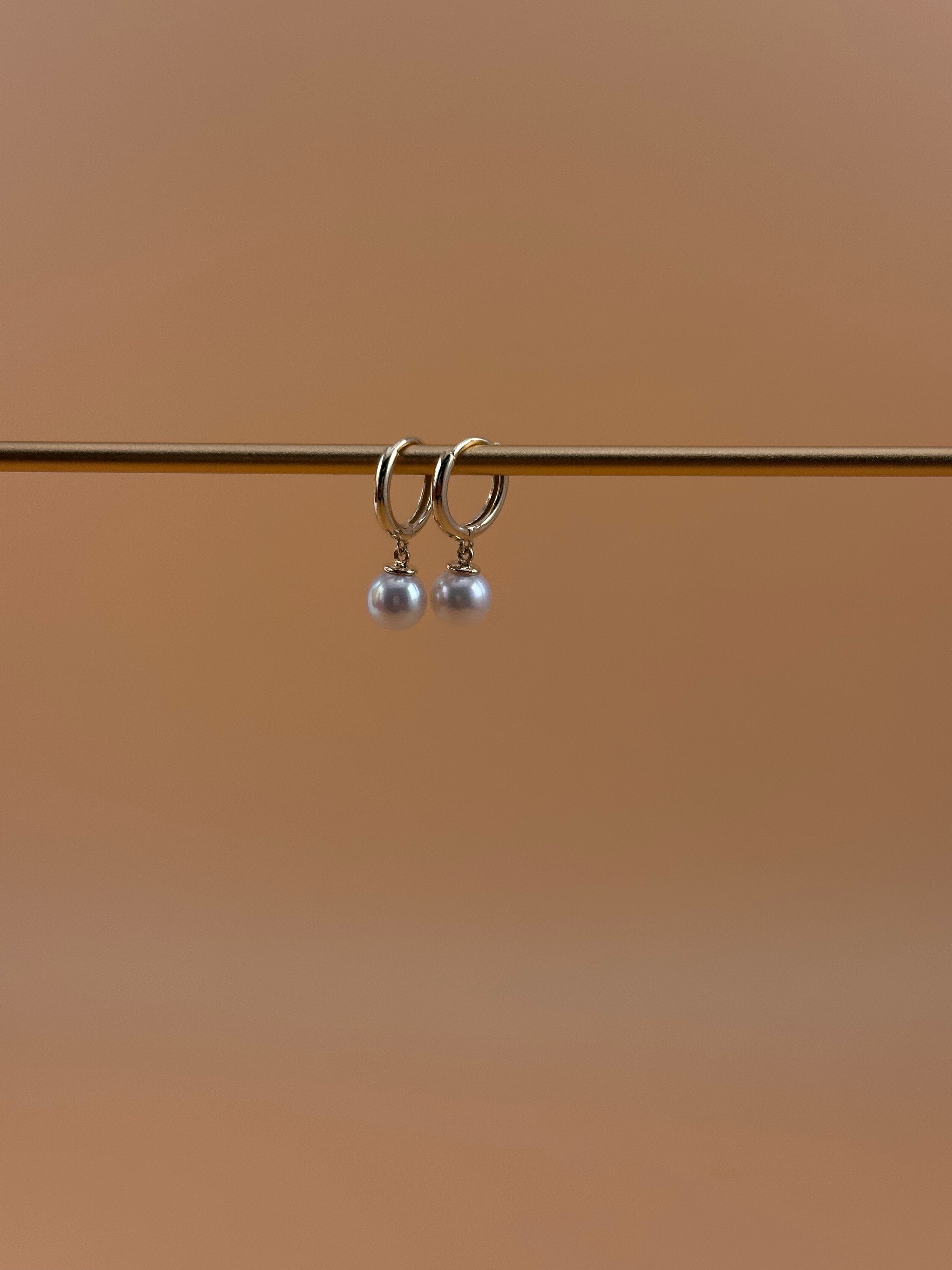14K  Gold Pearl Huggie Earrings – Dainty Hoop Drop Earrings