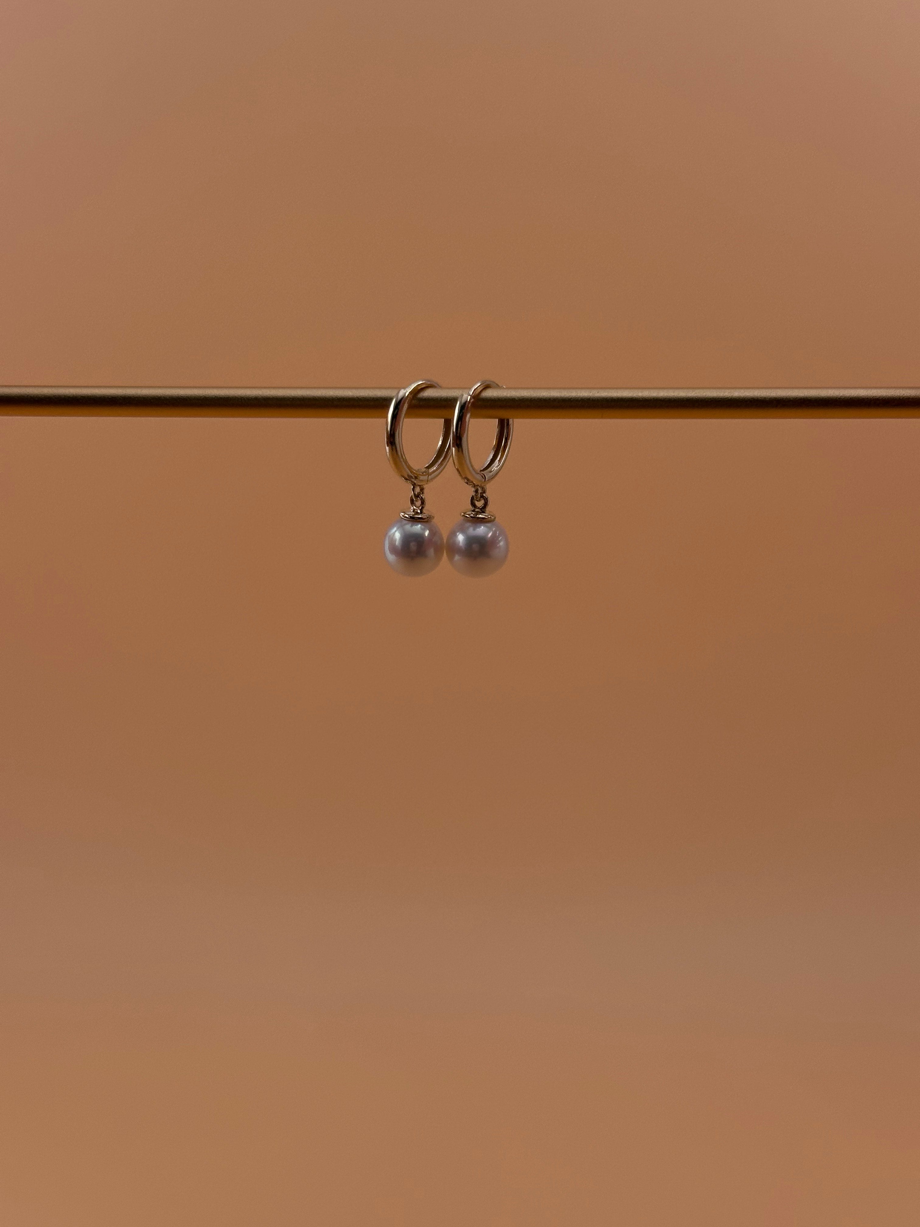 14K  Gold Pearl Huggie Earrings – Dainty Hoop Drop Earrings