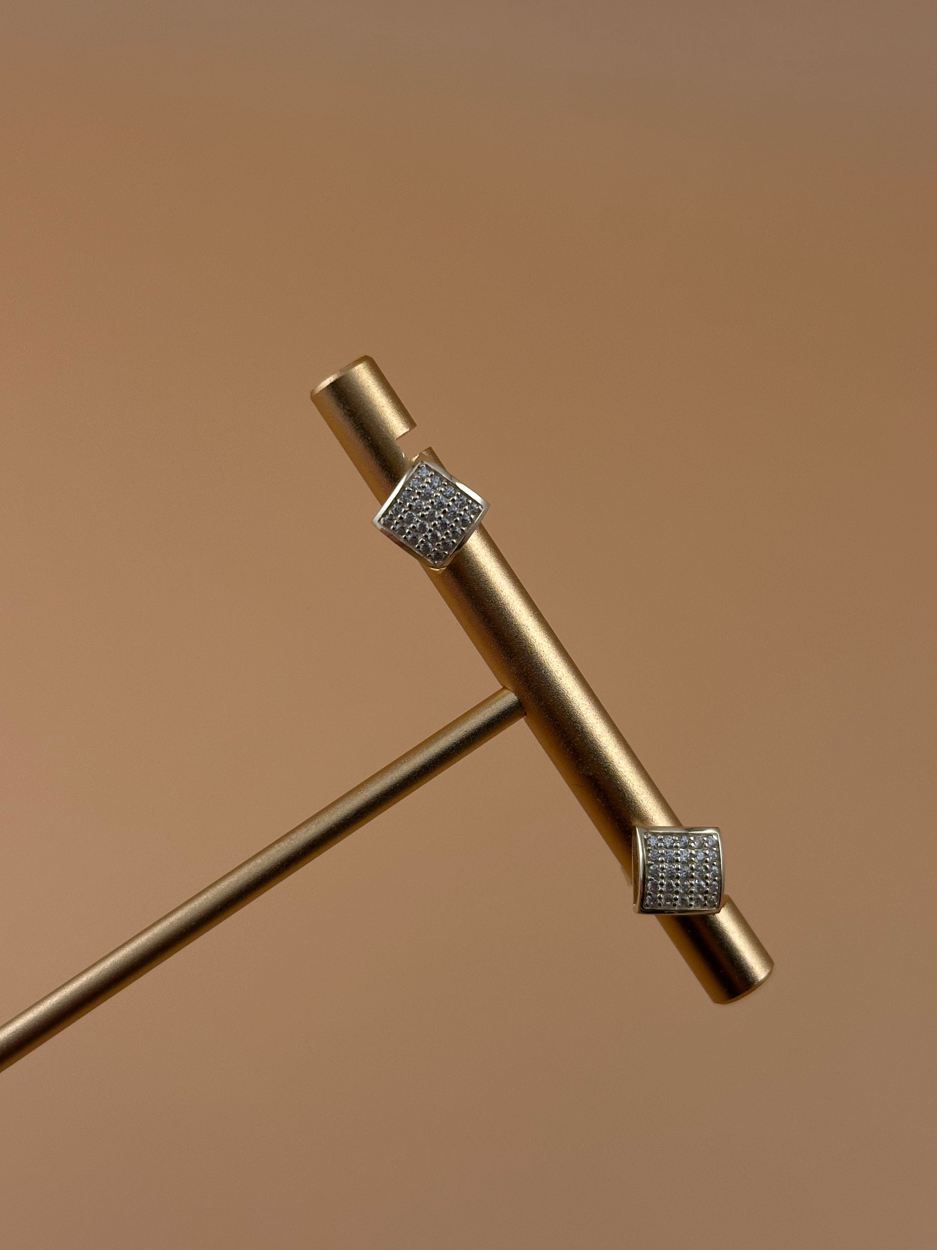 14K Gold Fancy CZ Square Stud Earrings