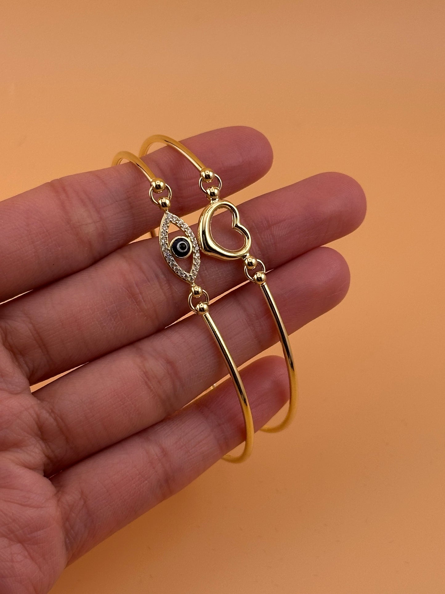 14K Gold Fancy Bangle Bracelet – Adjustable 7”+1” with Heart, MOM, or Evil Eye Design