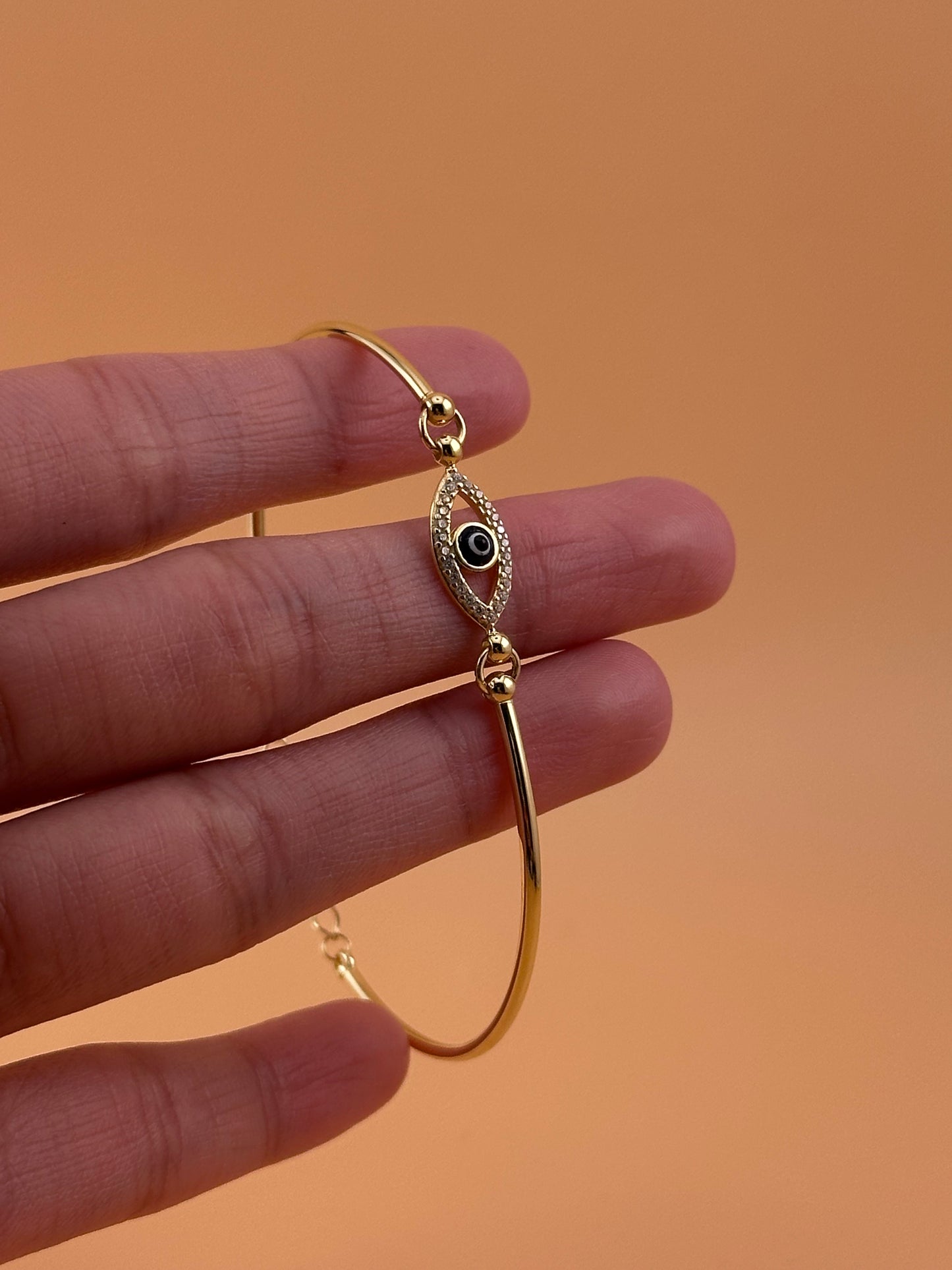 14K Gold Fancy Bangle Bracelet – Adjustable 7”+1” with Heart, MOM, or Evil Eye Design