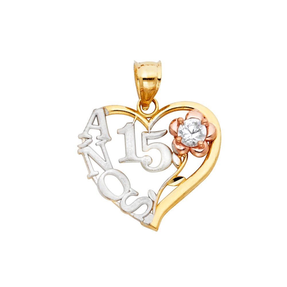 14K Yellow Gold Flower & 15 Años Pendant - PT358