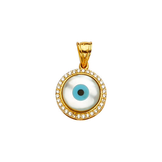 14k Gold Mother of Pearl Evil Eye Pendant l Circle Evil Eye Pendant