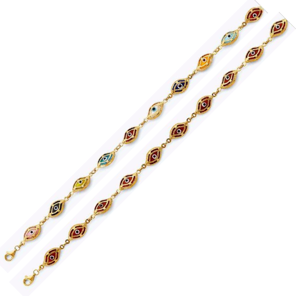 14K Gold Evil Eye Bracelet – 7.5" Blue, Red or Rainbow Color Enamel Protection Charm