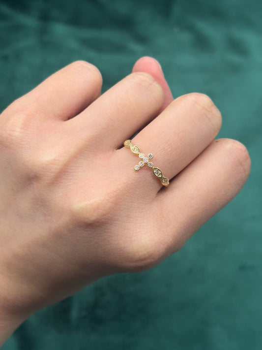 14K Gold Cross Ring - Dainty Gold Christian Ring for Women
