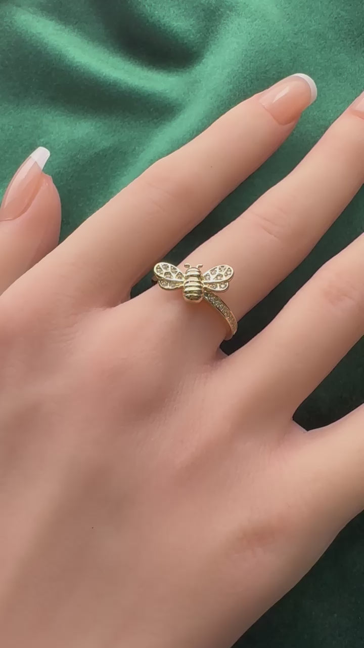 14K Gold CZ Bee Ring – Nature-Inspired Gold Ring | Size 7