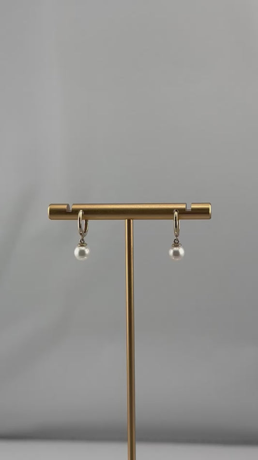 14K  Gold Pearl Huggie Earrings – Dainty Hoop Drop Earrings
